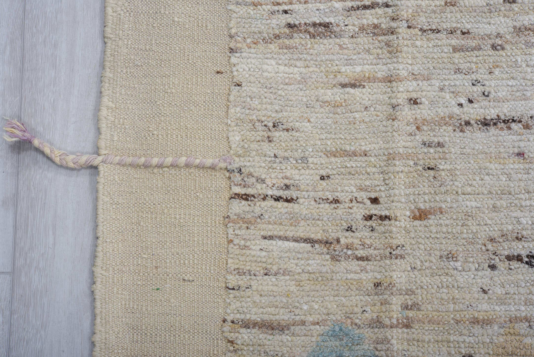9' x 10' one-of-a-kind handmade vintage Tulu large size rug. Color palette: ivory, taupe, brown, sky_blue, lavender, beige