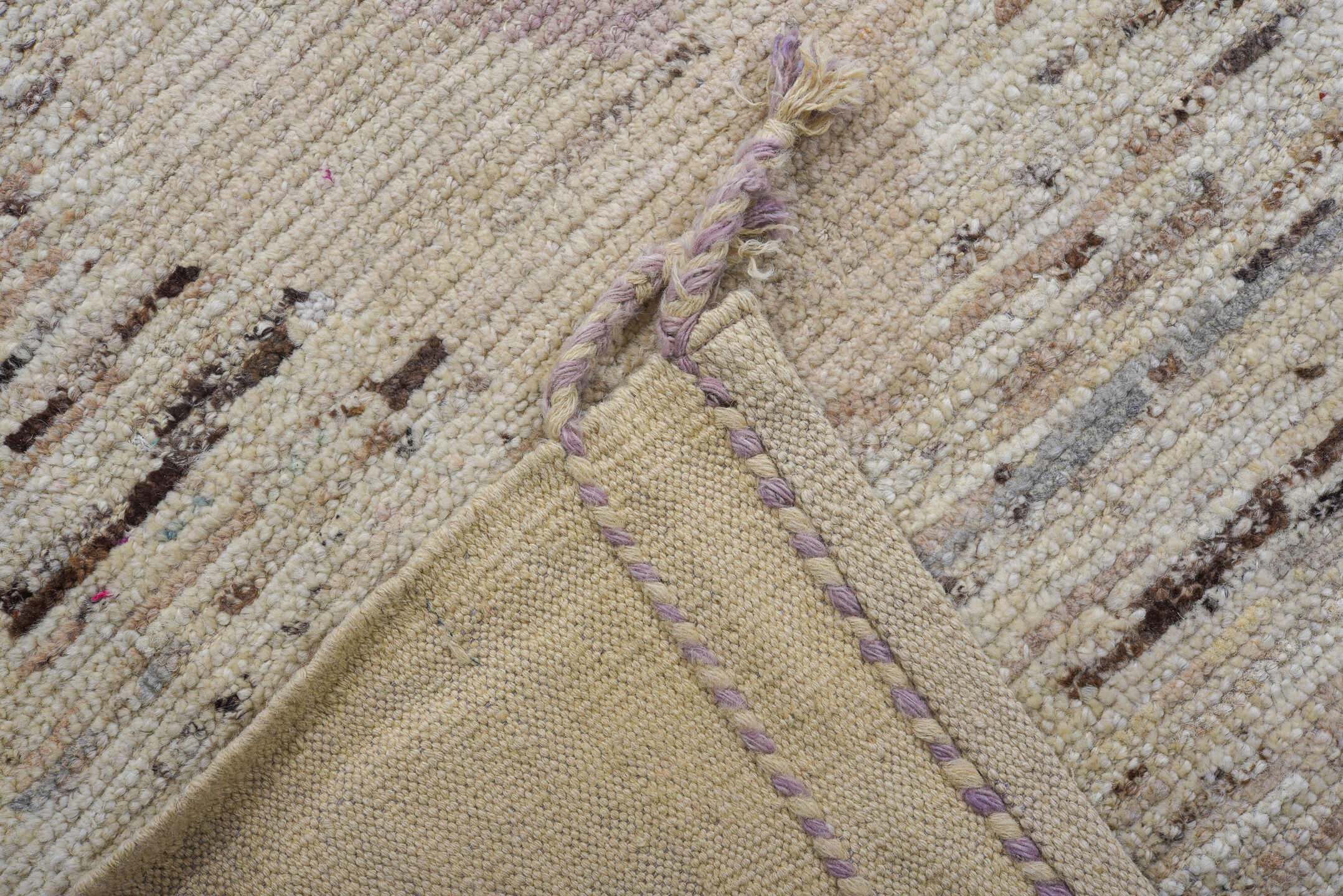 9' x 10' one-of-a-kind handmade vintage Tulu large size rug. Color palette: ivory, taupe, brown, sky_blue, lavender, beige