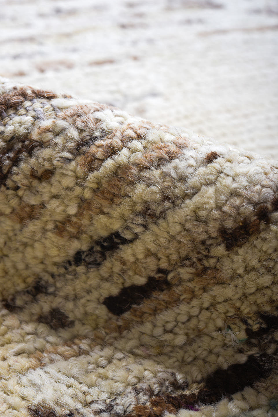9' x 10' one-of-a-kind handmade vintage Tulu large size rug. Color palette: ivory, taupe, brown, sky_blue, lavender, beige