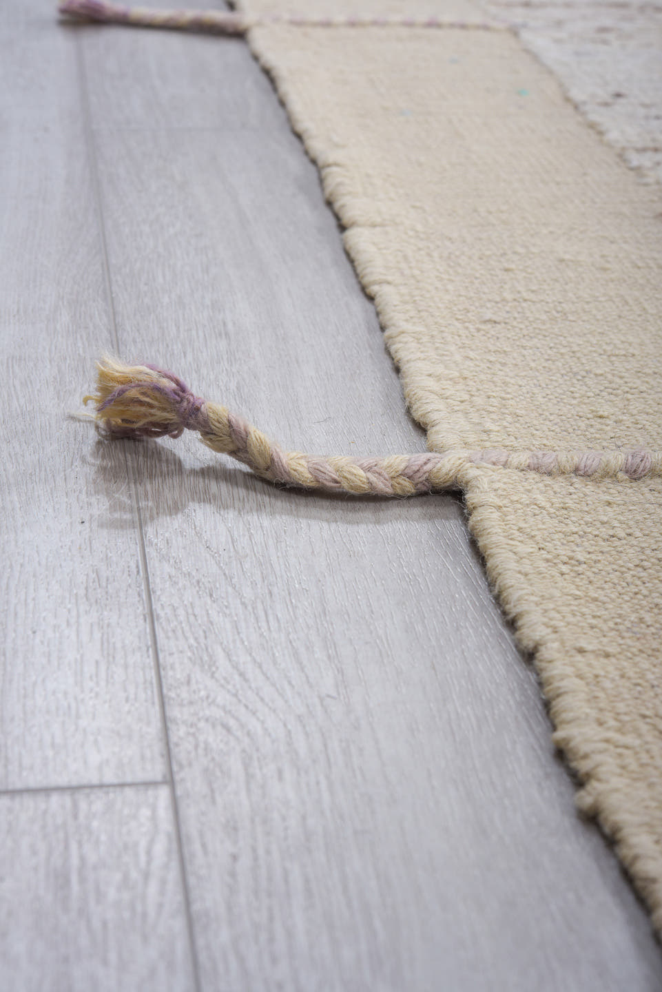 9' x 10' one-of-a-kind handmade vintage Tulu large size rug. Color palette: ivory, taupe, brown, sky_blue, lavender, beige