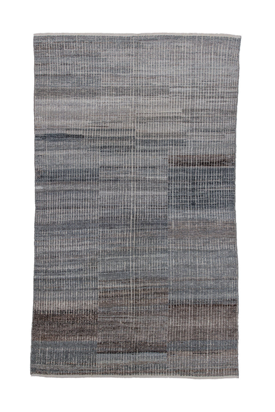 5' x 9' one-of-a-kind handmade vintage Tulu medium size rug. Color palette: gray, charcoal, taupe, ivory, greige, brown