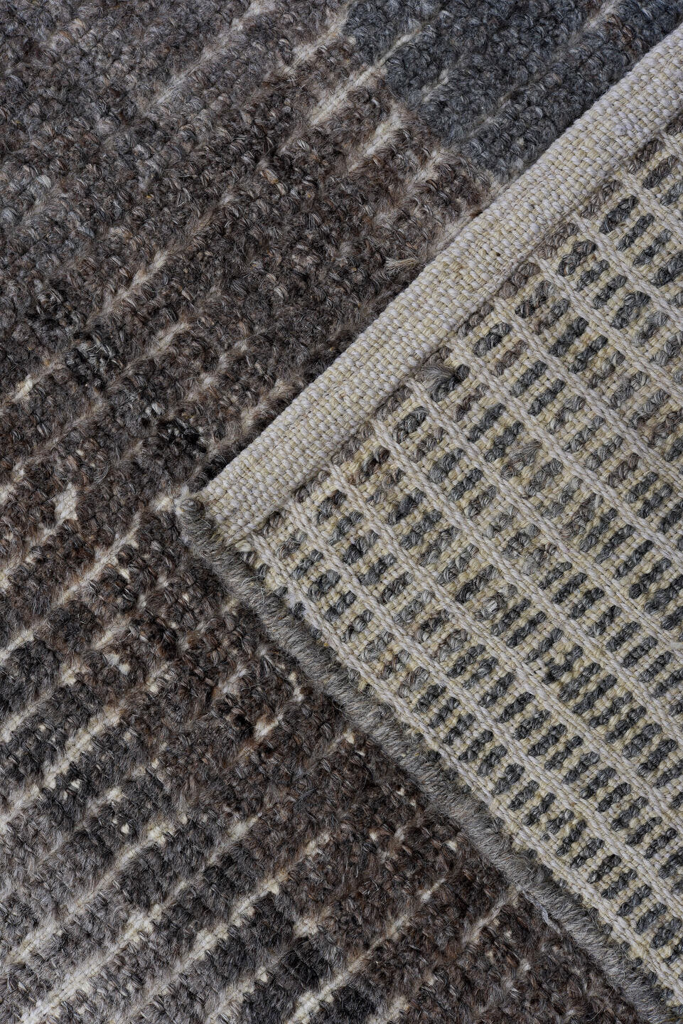 5' x 9' one-of-a-kind handmade vintage Tulu medium size rug. Color palette: gray, charcoal, taupe, ivory, greige, brown