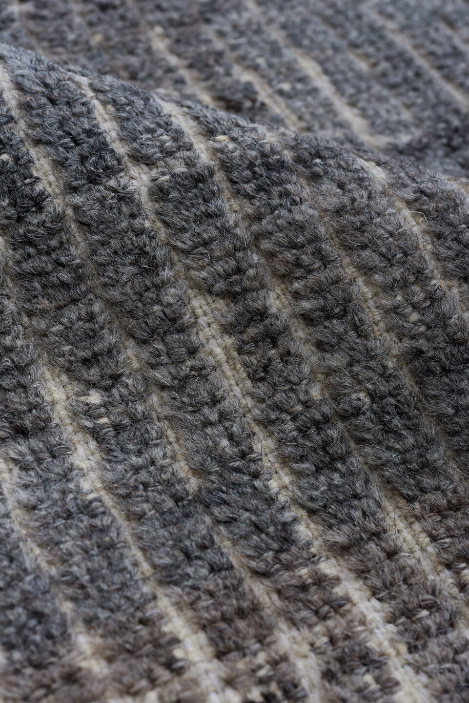 5' x 9' one-of-a-kind handmade vintage Tulu medium size rug. Color palette: gray, charcoal, taupe, ivory, greige, brown
