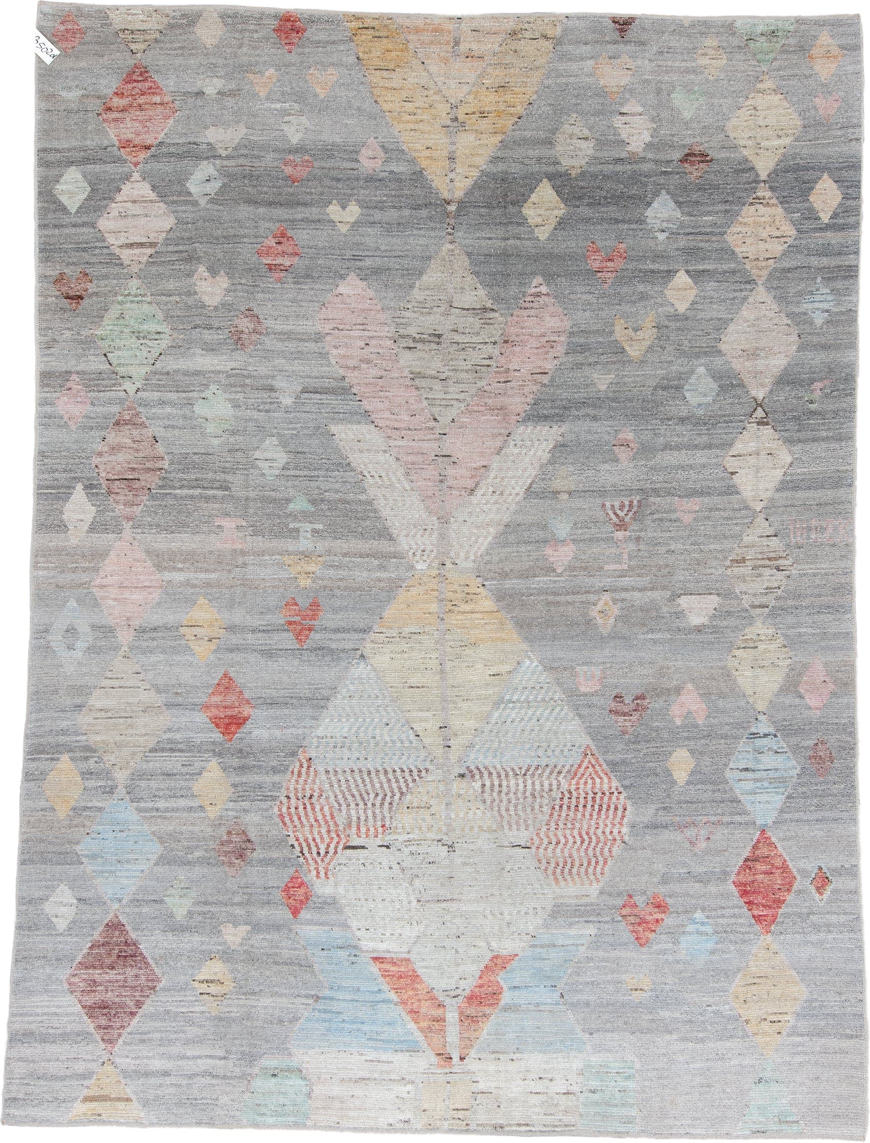 10' x 13' one-of-a-kind handmade vintage Tulu large size rug. Color palette: gray, ivory, blush, faded coral, pale blue