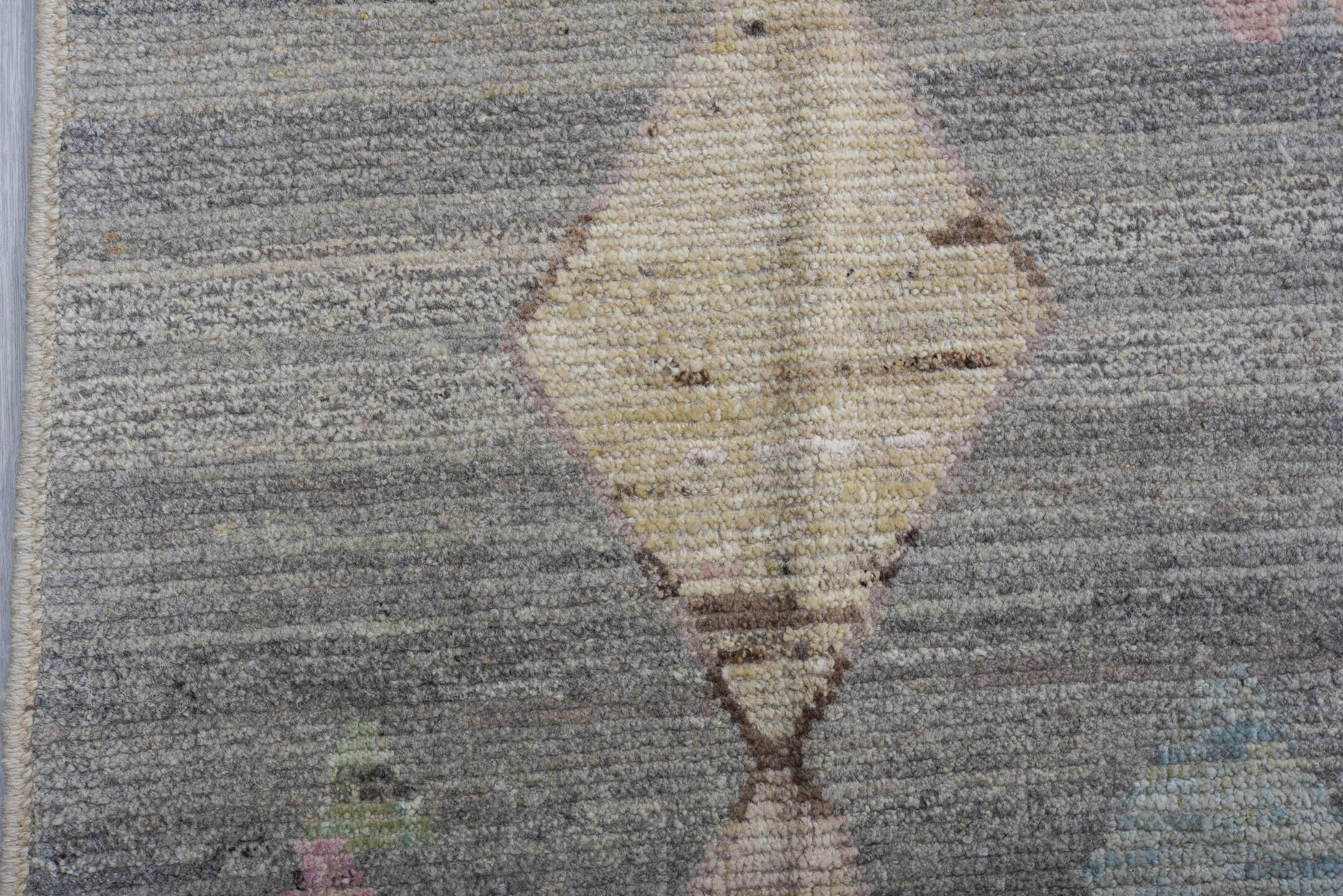 10' x 13' one-of-a-kind handmade vintage Tulu large size rug. Color palette: gray, ivory, blush, faded coral, pale blue