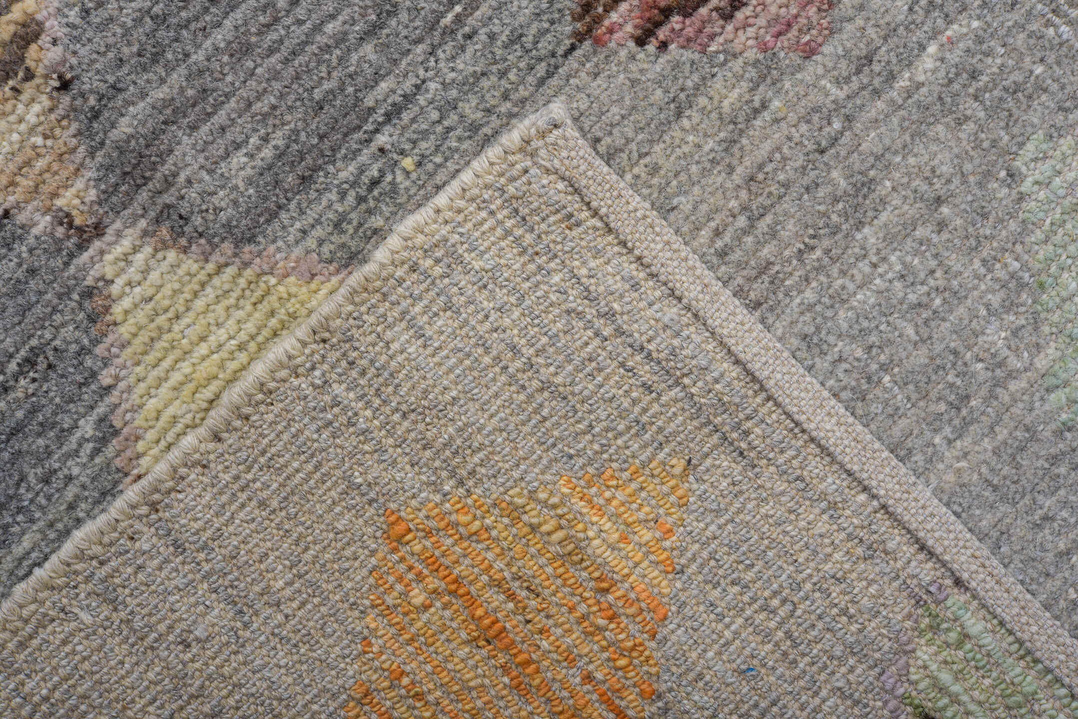 10' x 13' one-of-a-kind handmade vintage Tulu large size rug. Color palette: gray, ivory, blush, faded coral, pale blue