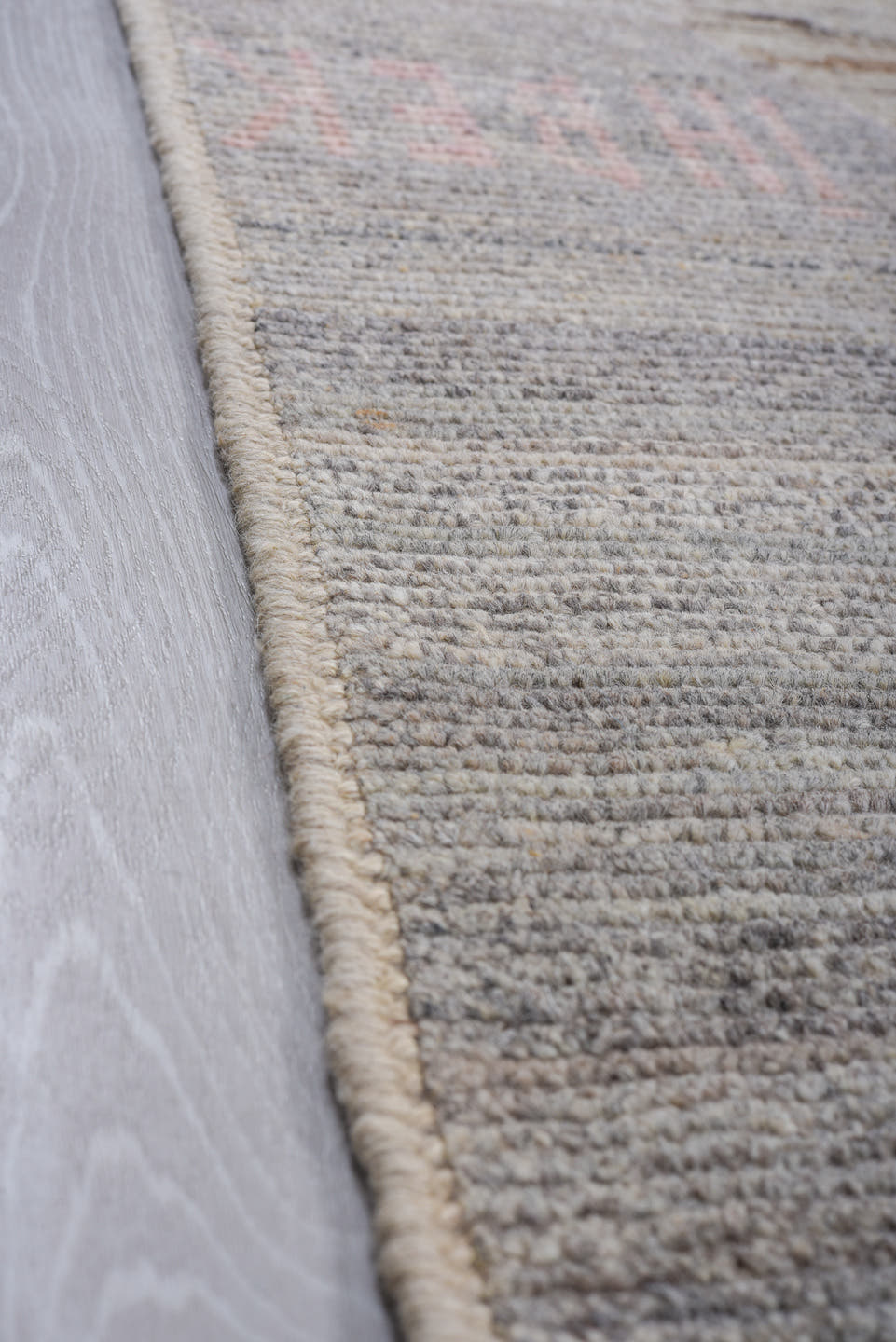 10' x 13' one-of-a-kind handmade vintage Tulu large size rug. Color palette: gray, ivory, blush, faded coral, pale blue