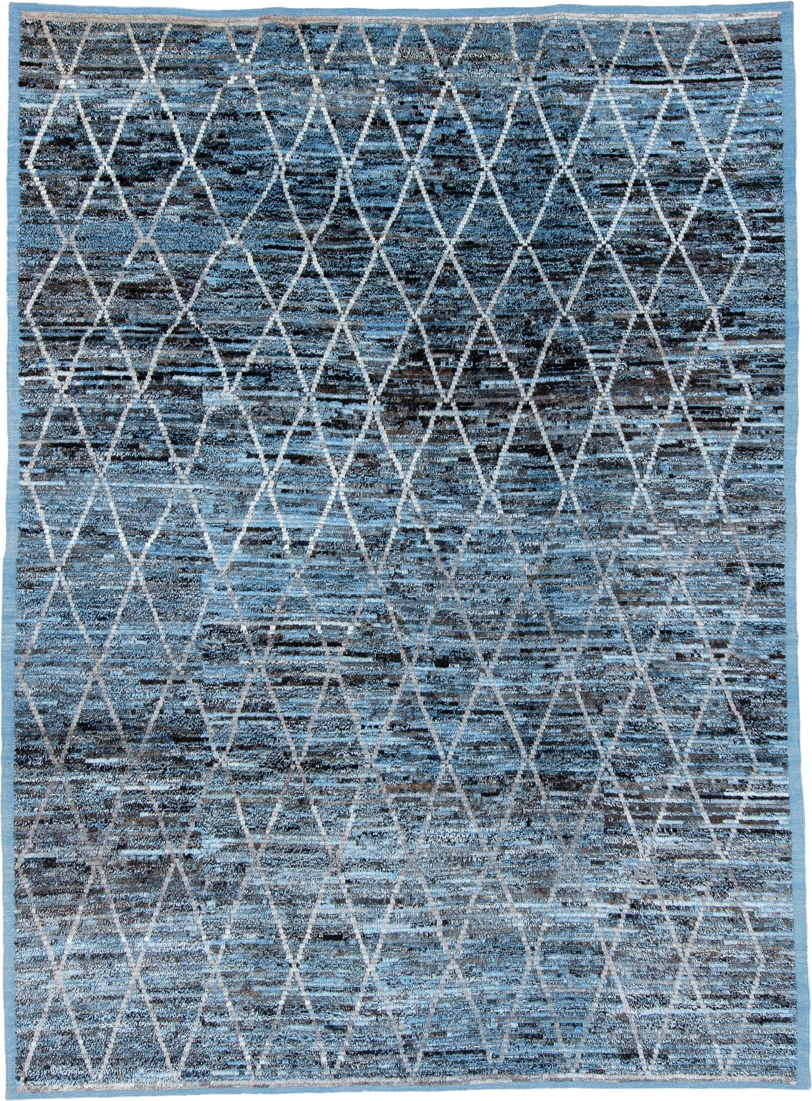 13' x 19' one-of-a-kind handmade vintage Tulu oversize rug. Color palette: blue, charcoal, ivory, slate, gray, black