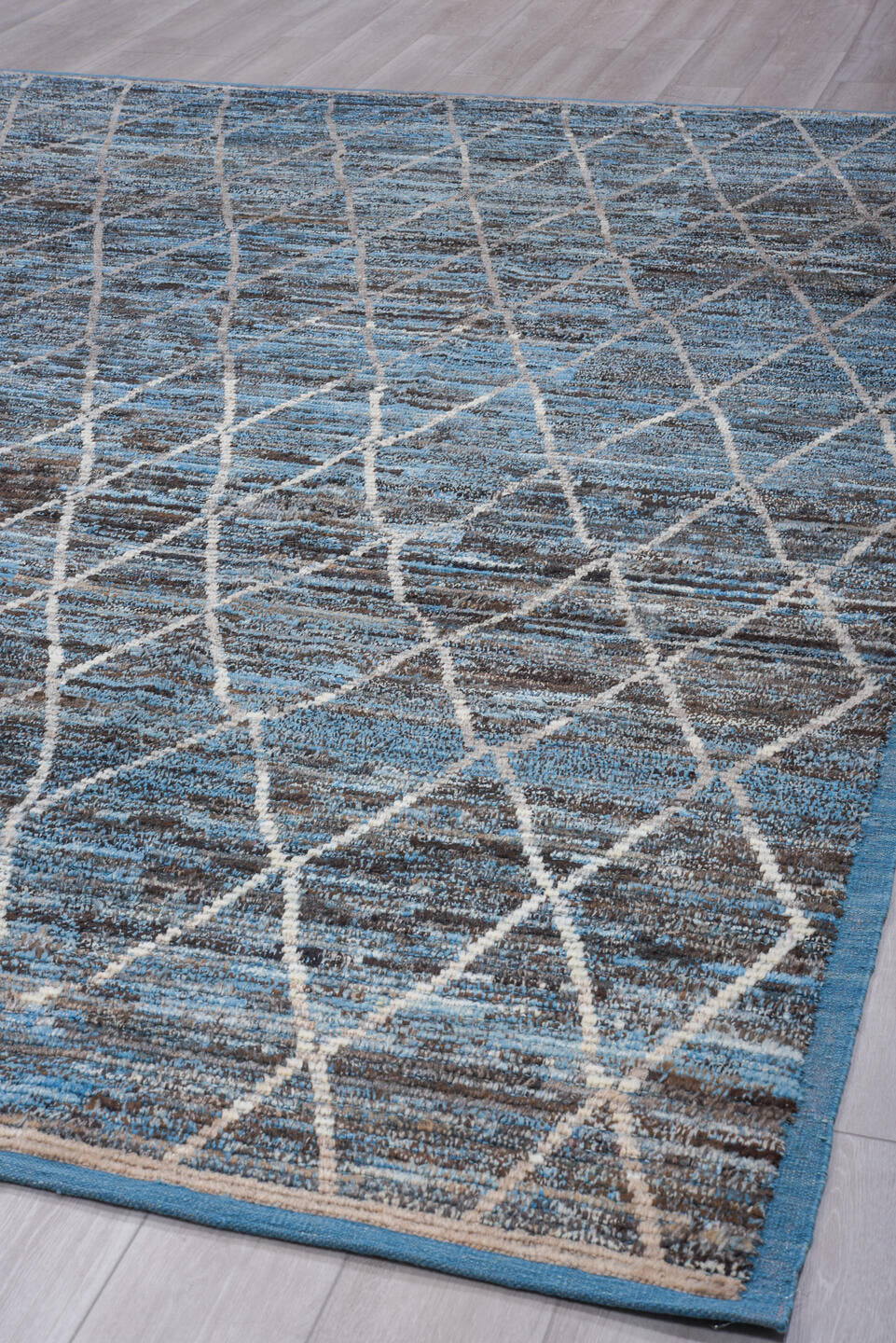 13' x 19' one-of-a-kind handmade vintage Tulu oversize rug. Color palette: blue, charcoal, ivory, slate, gray, black