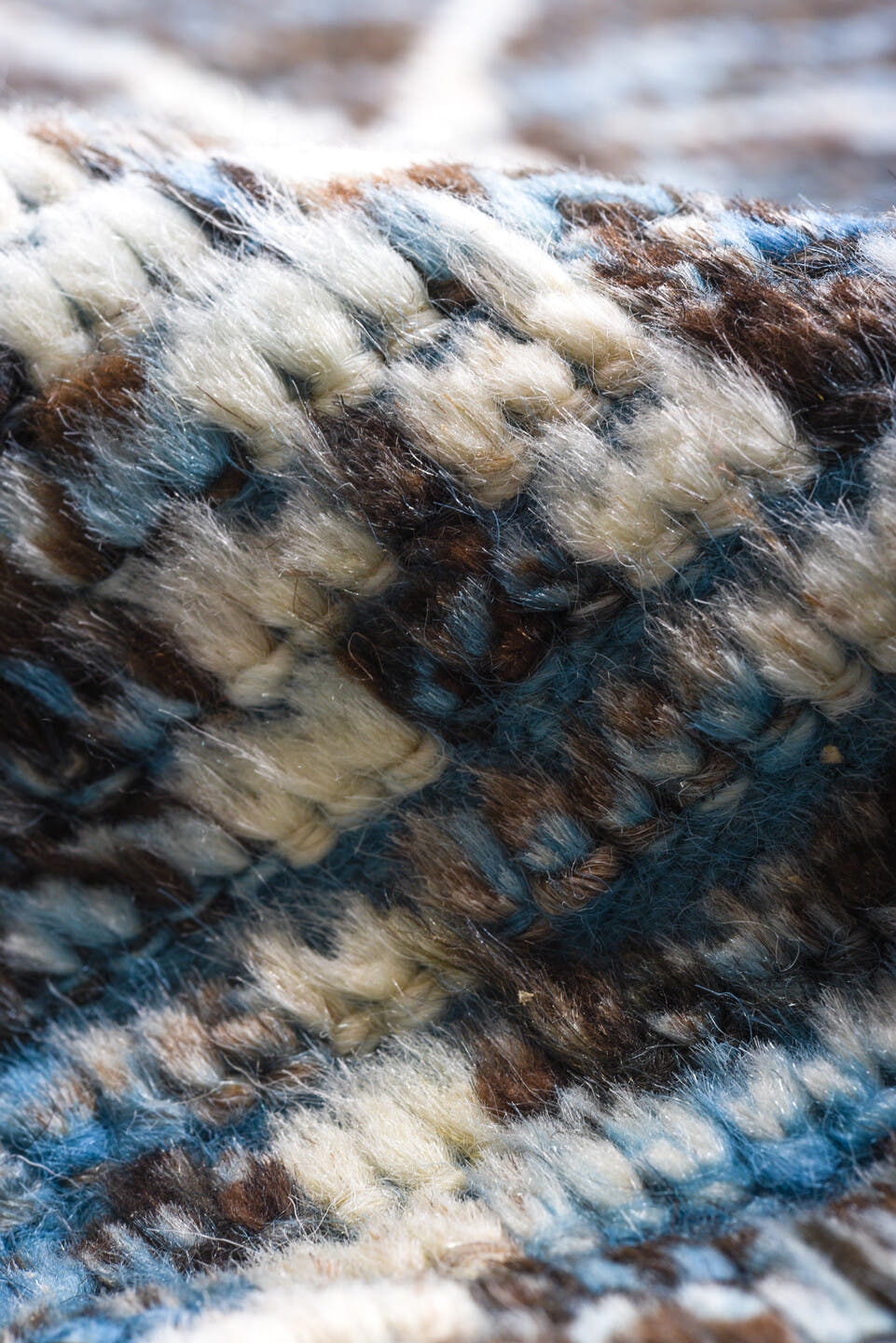 13' x 19' one-of-a-kind handmade vintage Tulu oversize rug. Color palette: blue, charcoal, ivory, slate, gray, black