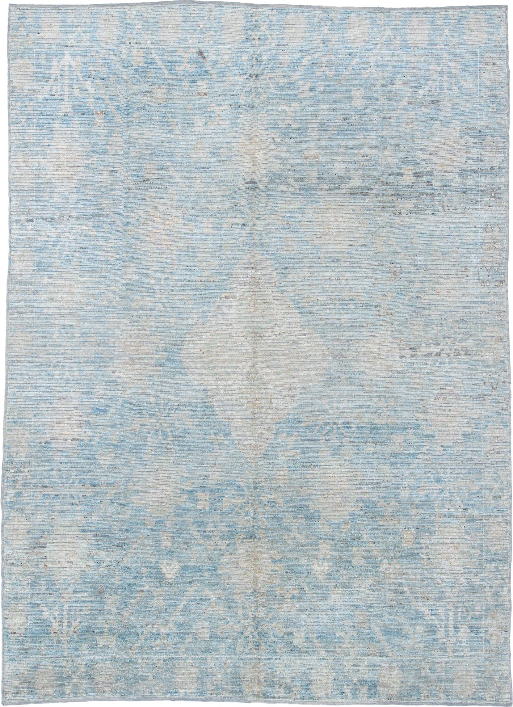 9' x 12' one-of-a-kind handmade vintage Tulu large size rug. Color palette: pale blue, ivory, cream, light gray, taupe