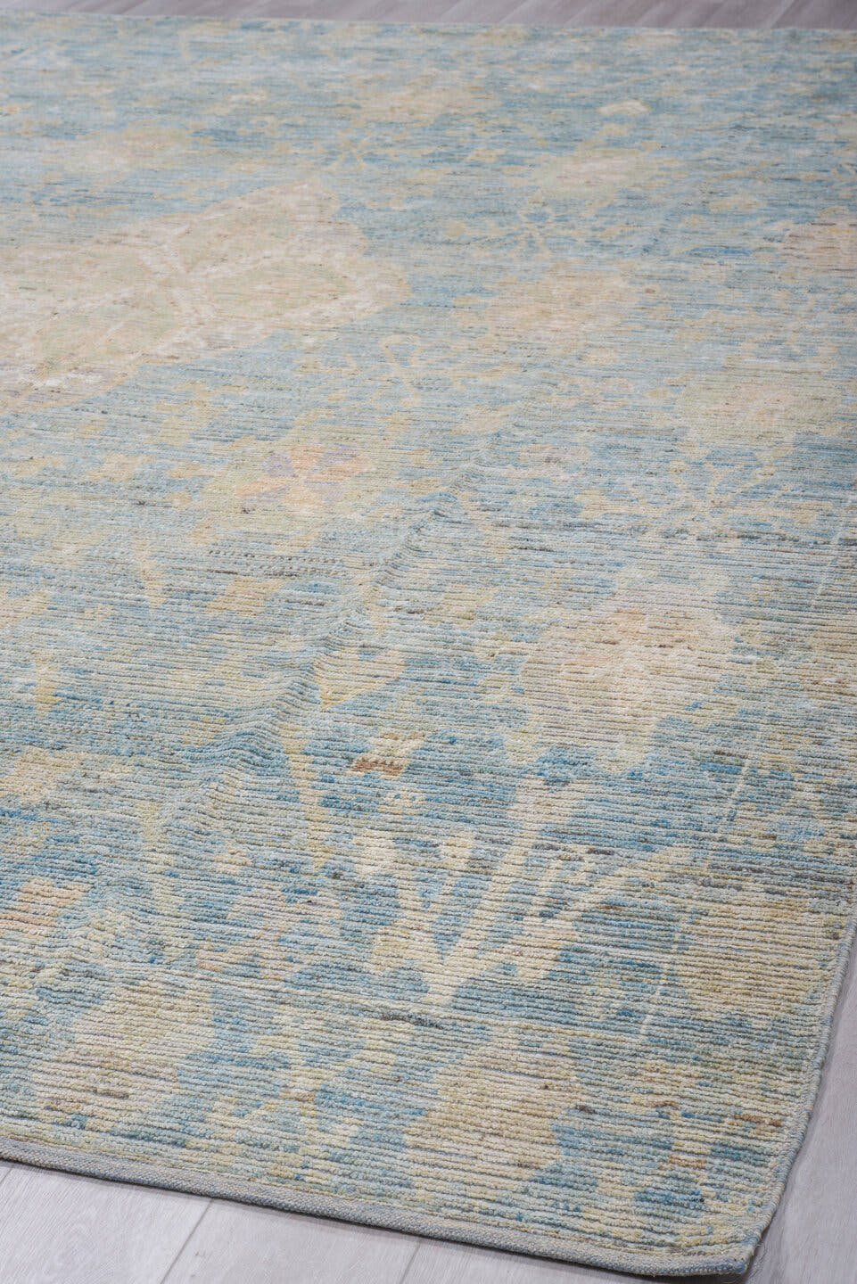 9' x 12' one-of-a-kind handmade vintage Tulu large size rug. Color palette: pale blue, ivory, cream, light gray, taupe