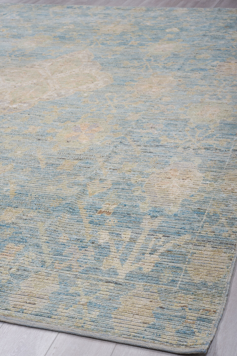 9' x 12' one-of-a-kind handmade vintage Tulu large size rug. Color palette: pale blue, ivory, cream, light gray, taupe