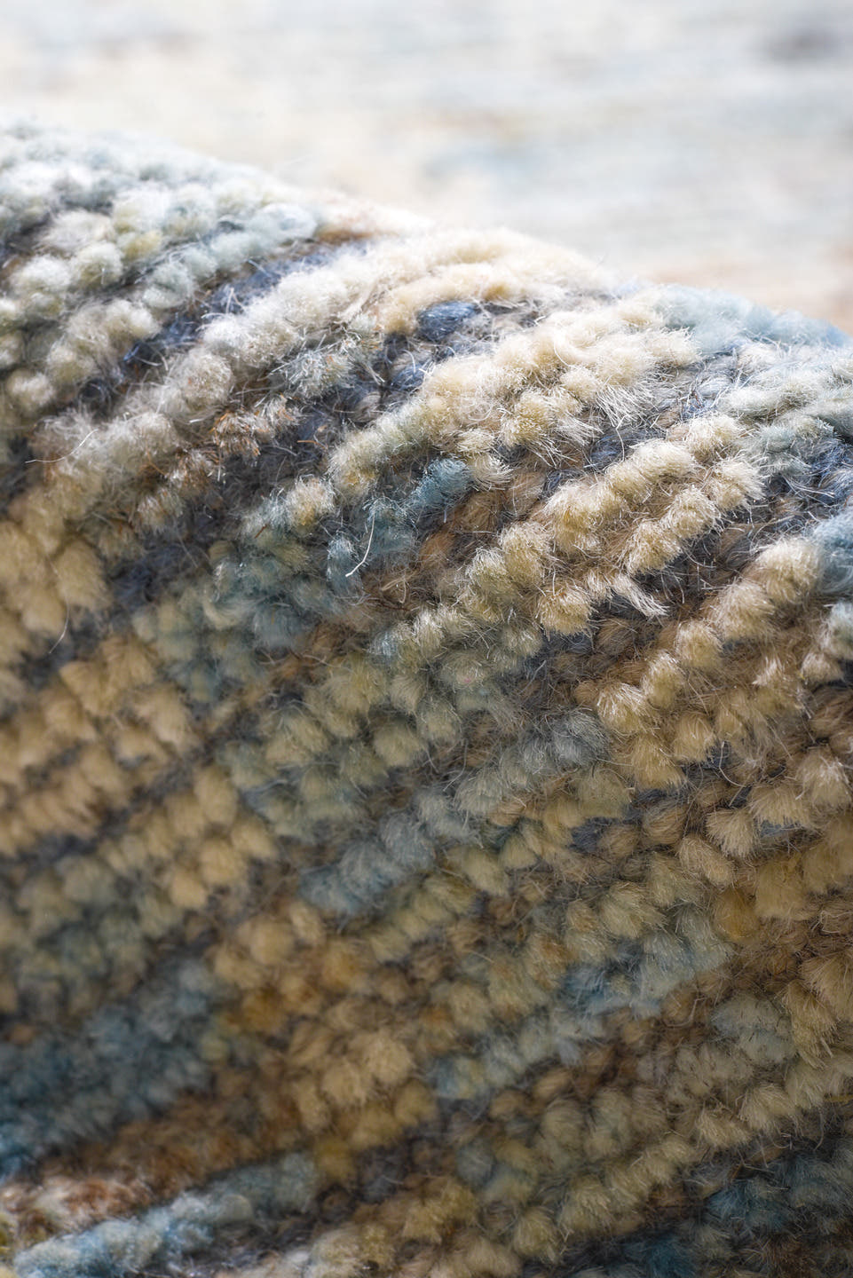 9' x 12' one-of-a-kind handmade vintage Tulu large size rug. Color palette: pale blue, ivory, cream, light gray, taupe