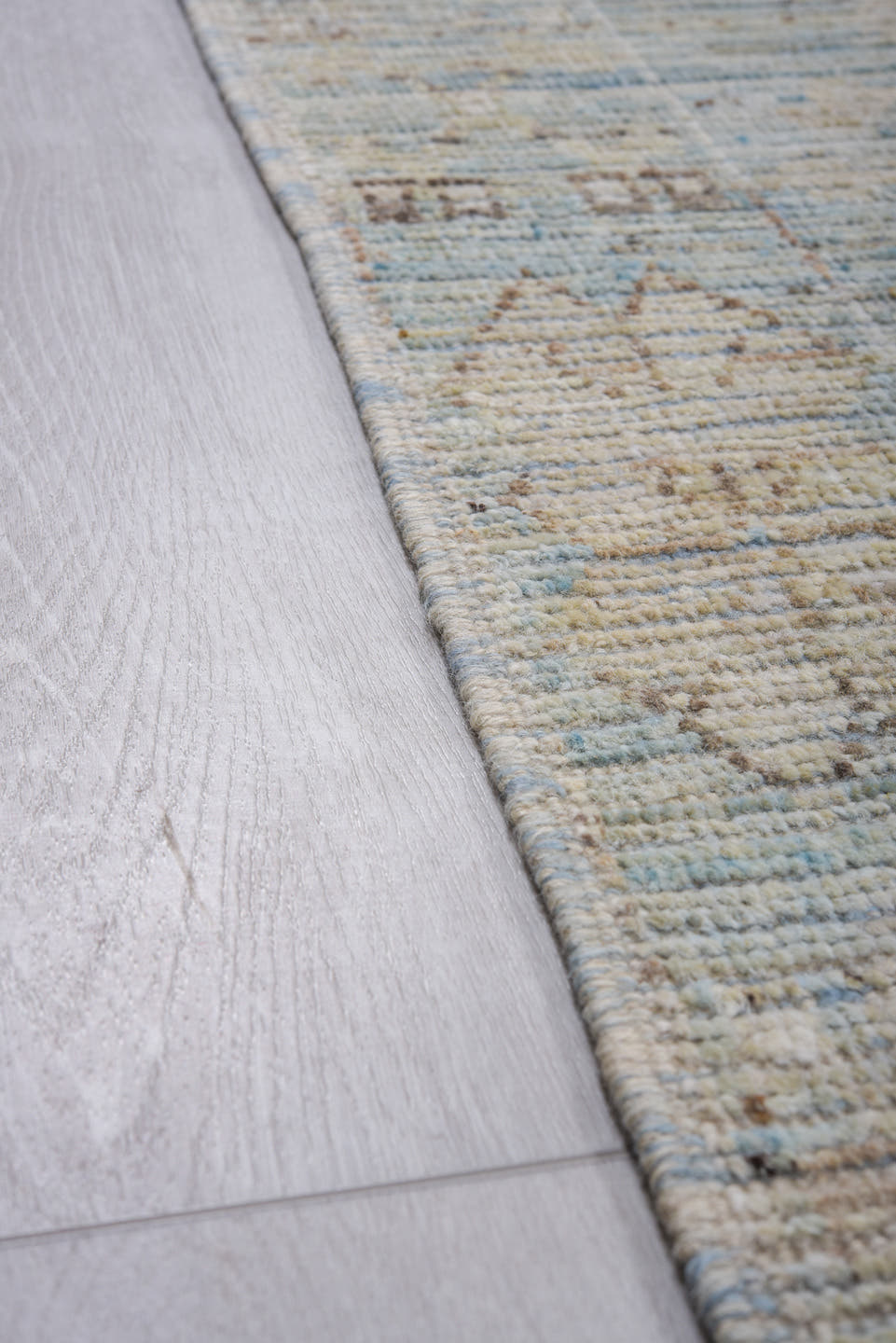 9' x 12' one-of-a-kind handmade vintage Tulu large size rug. Color palette: pale blue, ivory, cream, light gray, taupe