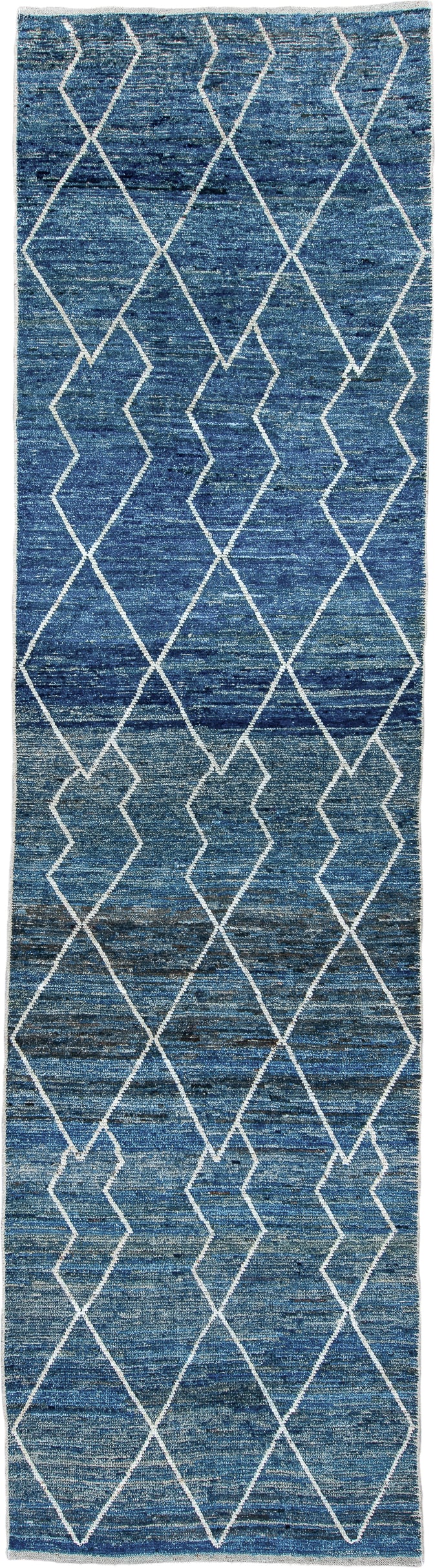 2' x 9' one-of-a-kind handmade vintage Tulu runner rug. Color palette: blue, ivory, indigo, slate, purple, gray
