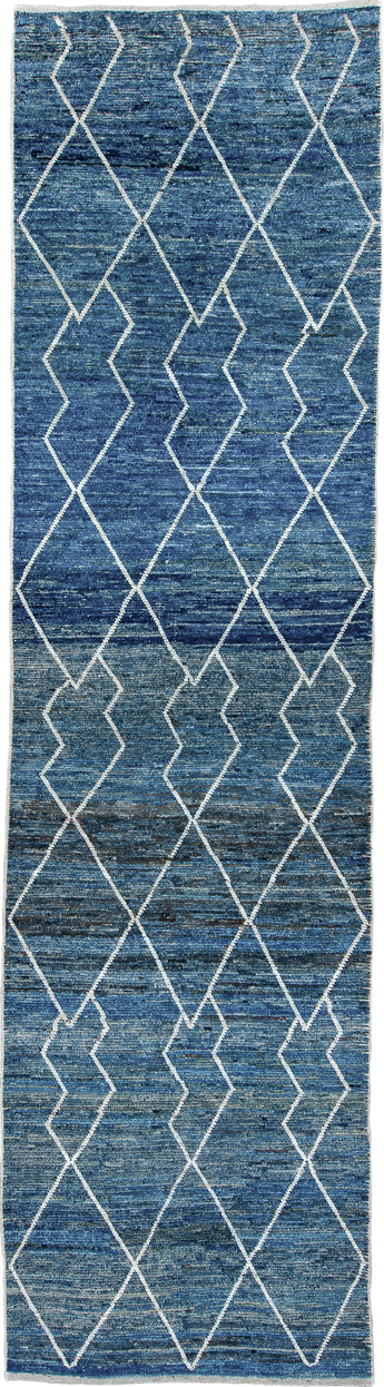 2' x 9' one-of-a-kind handmade vintage Tulu runner rug. Color palette: blue, ivory, indigo, slate, purple, gray
