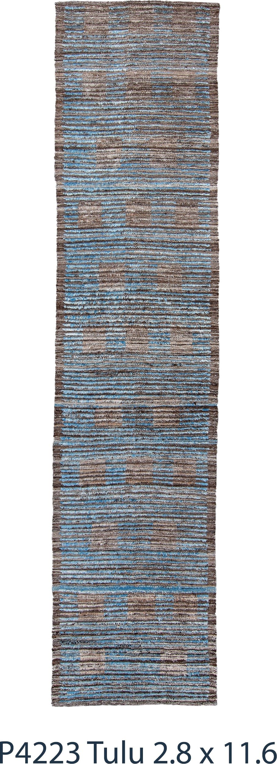 2' x 11' one-of-a-kind handmade vintage Tulu runner rug. Color palette: taupe, sky blue, brown, camel, beige, gray