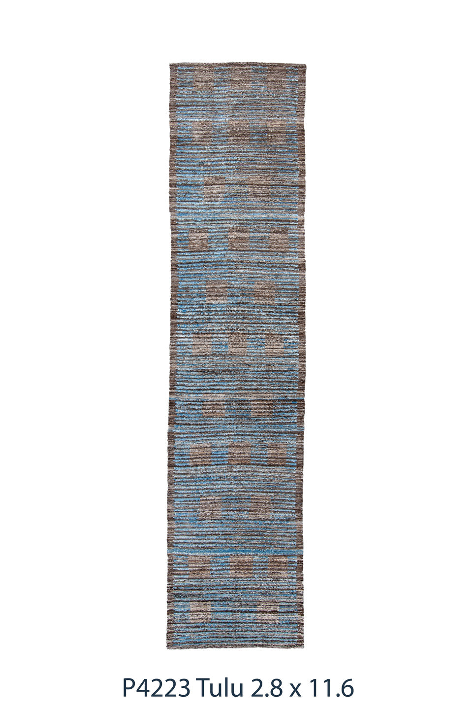 2' x 11' one-of-a-kind handmade vintage Tulu runner rug. Color palette: black, blue, gray, light blue, light gray, off-white