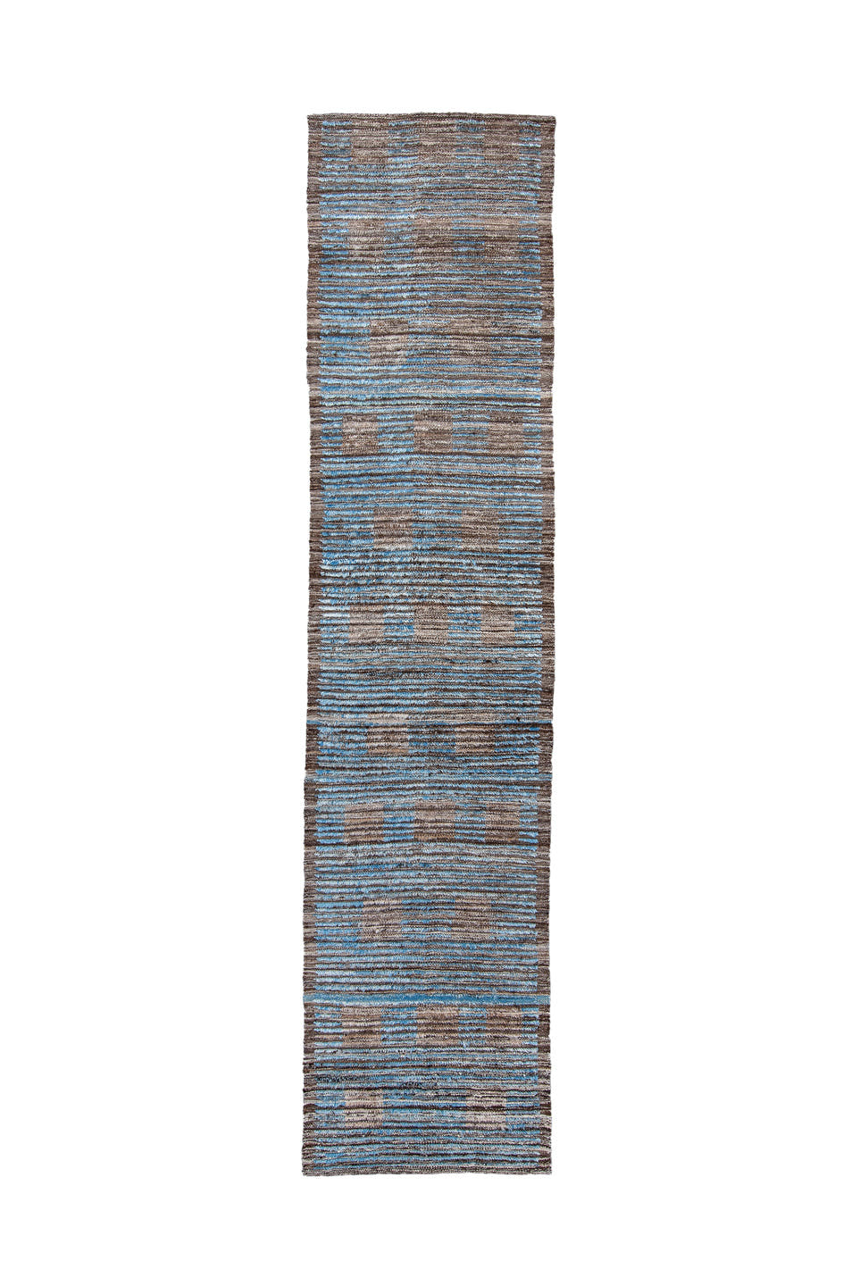 2' x 11' one-of-a-kind handmade vintage Tulu runner rug. Color palette: taupe, sky blue, brown, camel, beige, gray