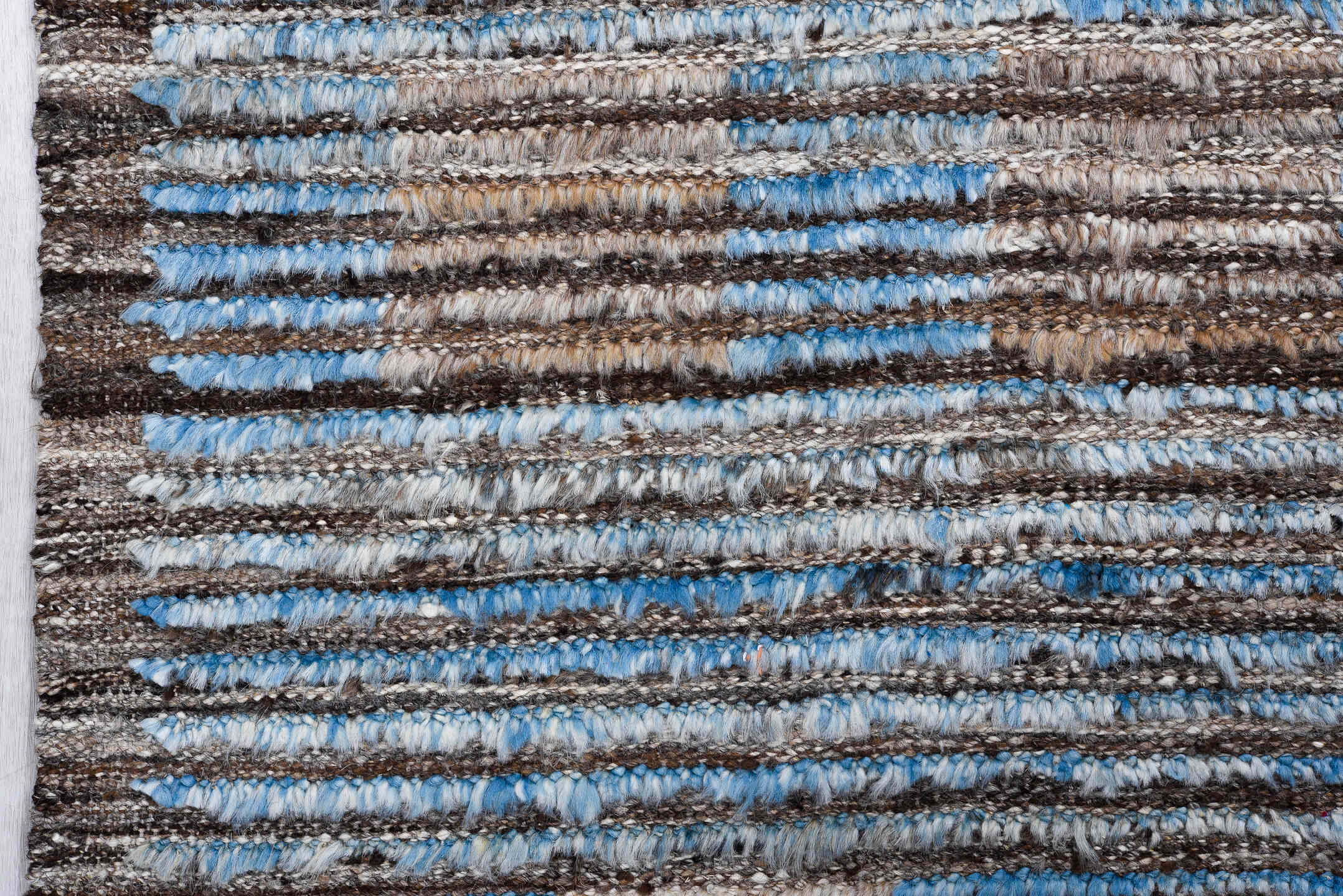 2' x 11' one-of-a-kind handmade vintage Tulu runner rug. Color palette: taupe, sky blue, brown, camel, beige, gray