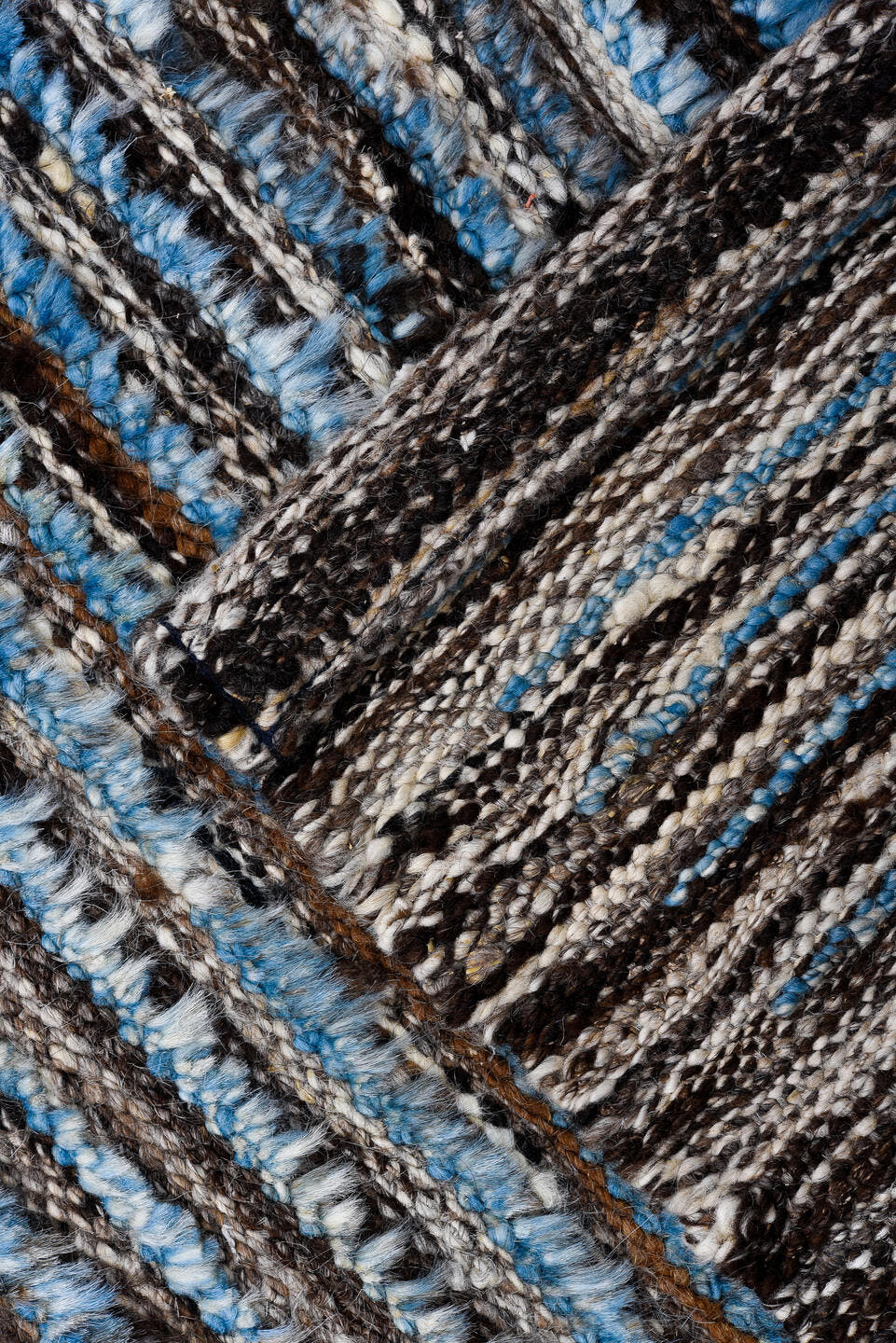 2' x 11' one-of-a-kind handmade vintage Tulu runner rug. Color palette: taupe, sky blue, brown, camel, beige, gray