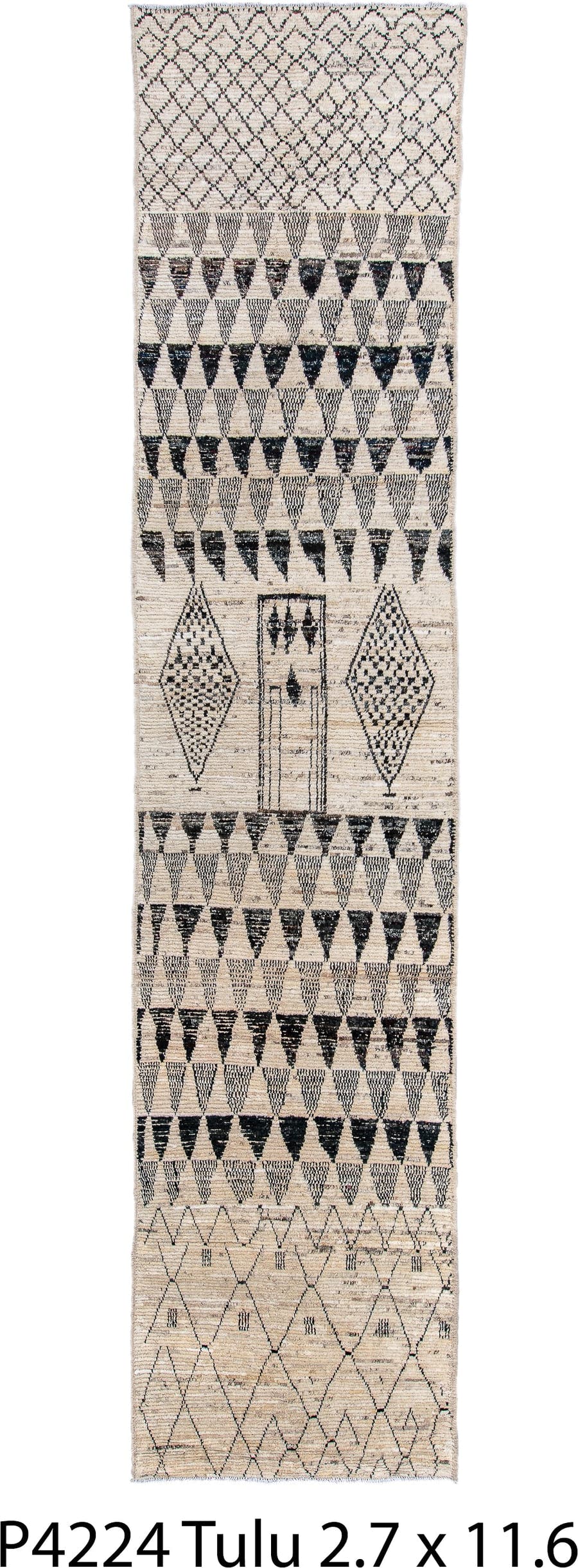 2' x 11' one-of-a-kind handmade vintage Tulu runner rug. Color palette: ivory, charcoal, black, cream, taupe, gray, beige