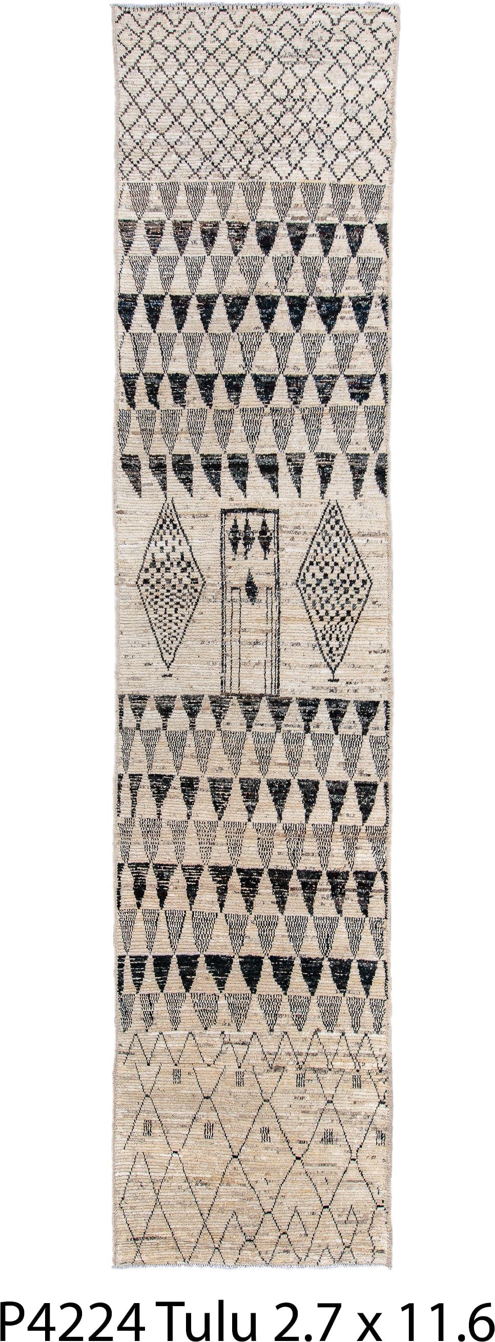 2' x 11' one-of-a-kind handmade vintage Tulu runner rug. Color palette: ivory, charcoal, black, cream, taupe, gray, beige