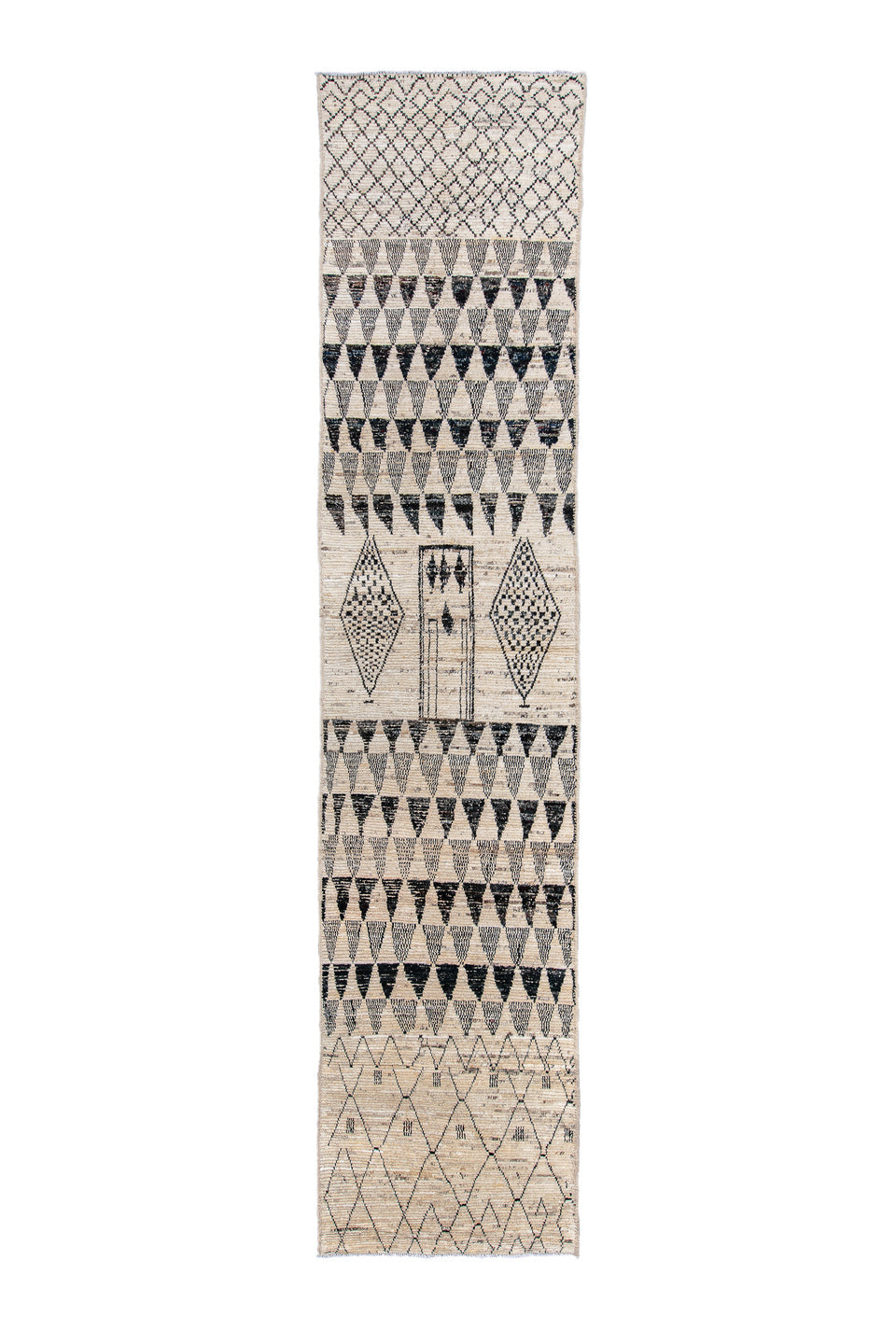 2' x 11' one-of-a-kind handmade vintage Tulu runner rug. Color palette: ivory, charcoal, black, cream, taupe, gray, beige