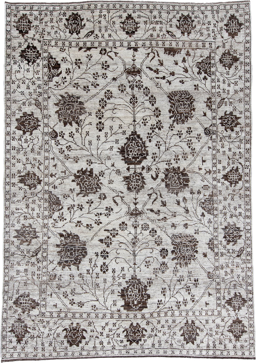 9' x 12' one-of-a-kind handmade vintage Tulu large size rug. Color palette: ivory, charcoal, taupe, brown, gray, black
