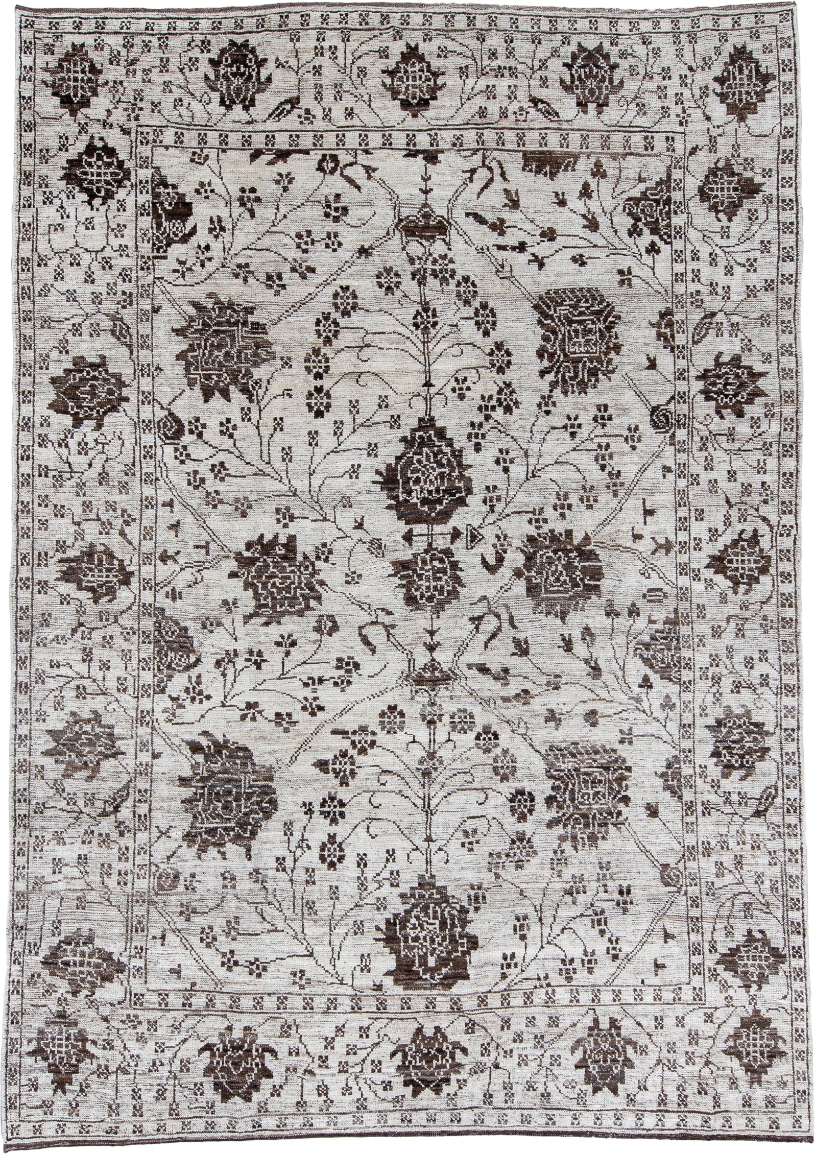 9' x 12' one-of-a-kind handmade vintage Tulu large size rug. Color palette: ivory, charcoal, taupe, brown, gray, black