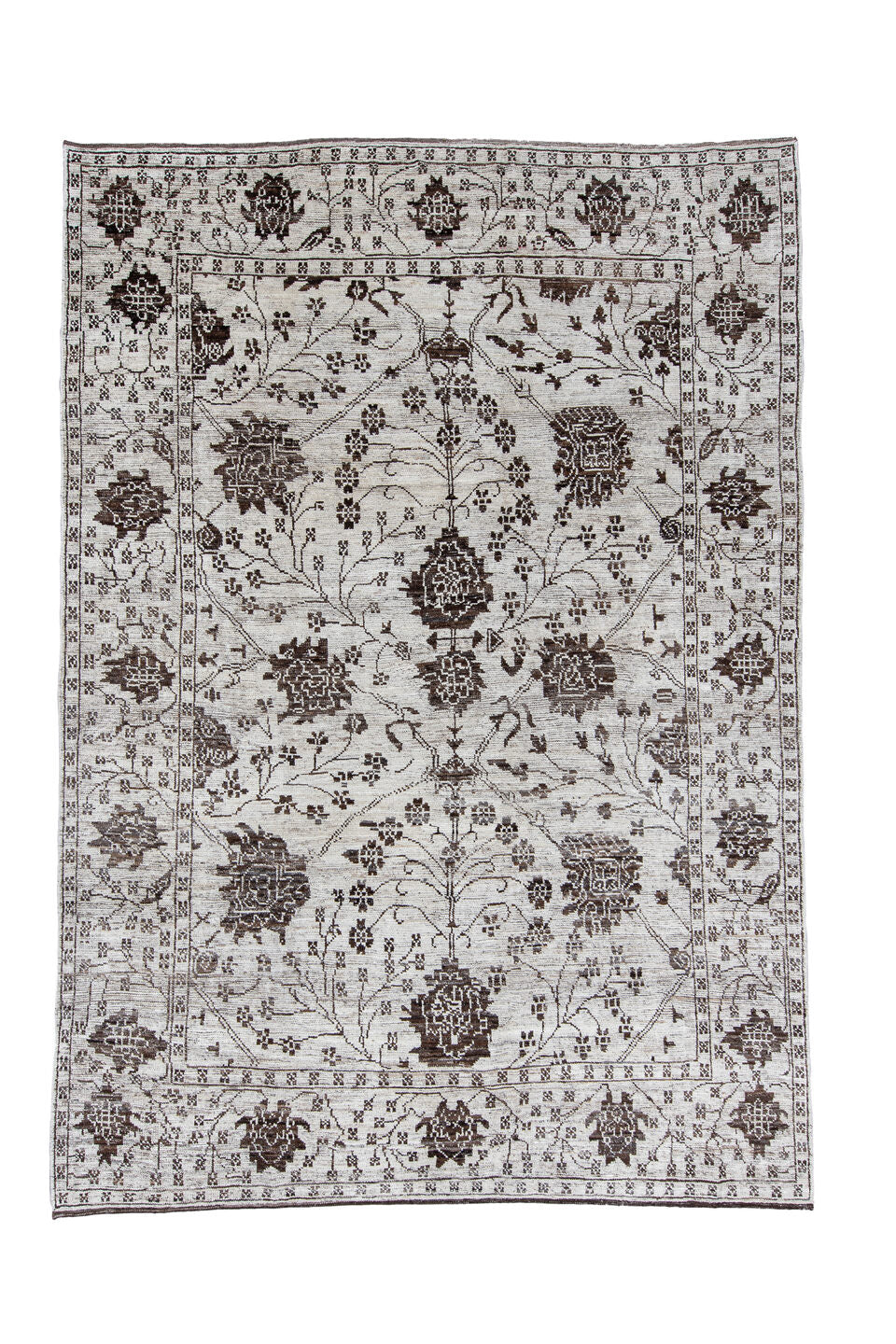 9' x 12' one-of-a-kind handmade vintage Tulu large size rug. Color palette: black, charcoal, dark gray, dim gray, gainsboro