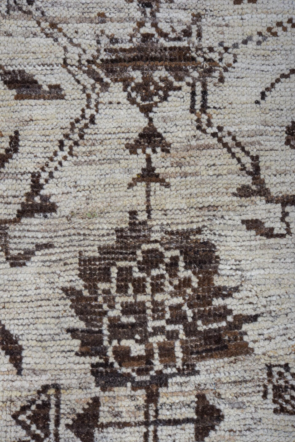 9' x 12' one-of-a-kind handmade vintage Tulu large size rug. Color palette: ivory, charcoal, taupe, brown, gray, black