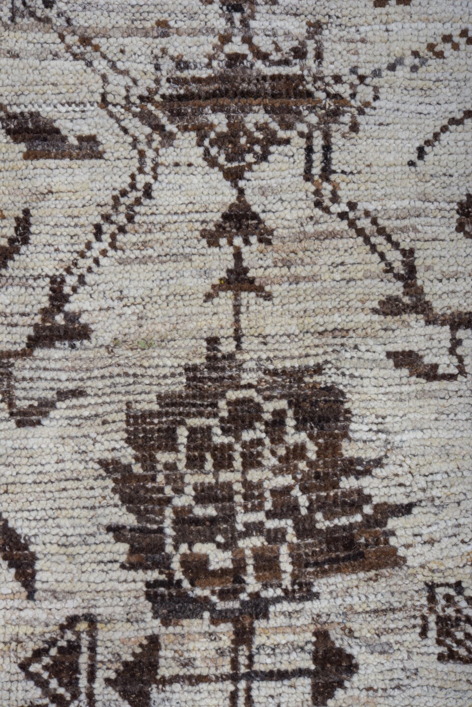 9' x 12' one-of-a-kind handmade vintage Tulu large size rug. Color palette: ivory, charcoal, taupe, brown, gray, black