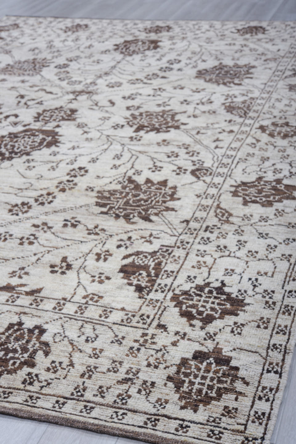 9' x 12' one-of-a-kind handmade vintage Tulu large size rug. Color palette: ivory, charcoal, taupe, brown, gray, black