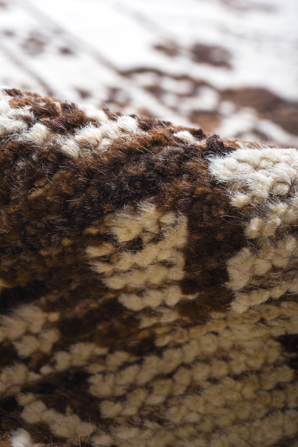 9' x 12' one-of-a-kind handmade vintage Tulu large size rug. Color palette: ivory, charcoal, taupe, brown, gray, black