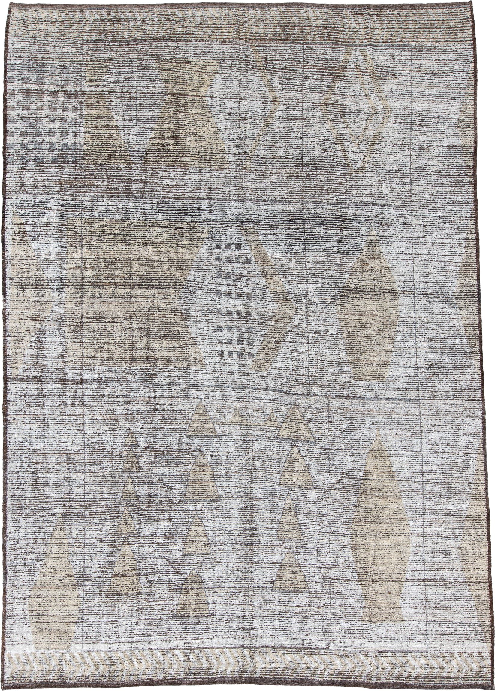 9' x 13' one-of-a-kind handmade vintage Tulu large size rug. Color palette: ivory, taupe, brown, cream, camel, charcoal