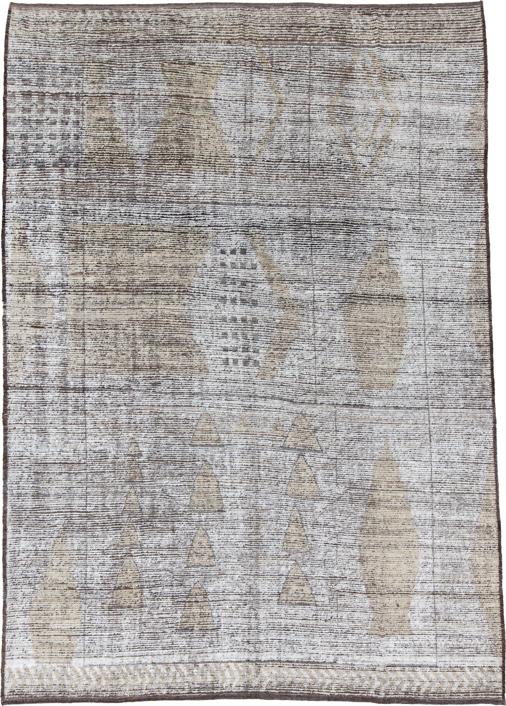9' x 13' one-of-a-kind handmade vintage Tulu large size rug. Color palette: ivory, taupe, brown, cream, camel, charcoal