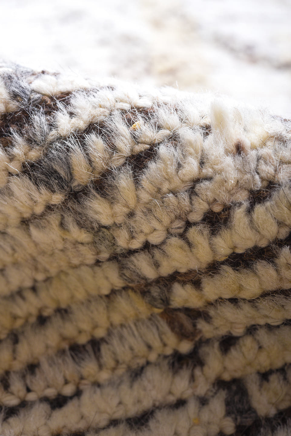 9' x 13' one-of-a-kind handmade vintage Tulu large size rug. Color palette: ivory, taupe, brown, cream, camel, charcoal