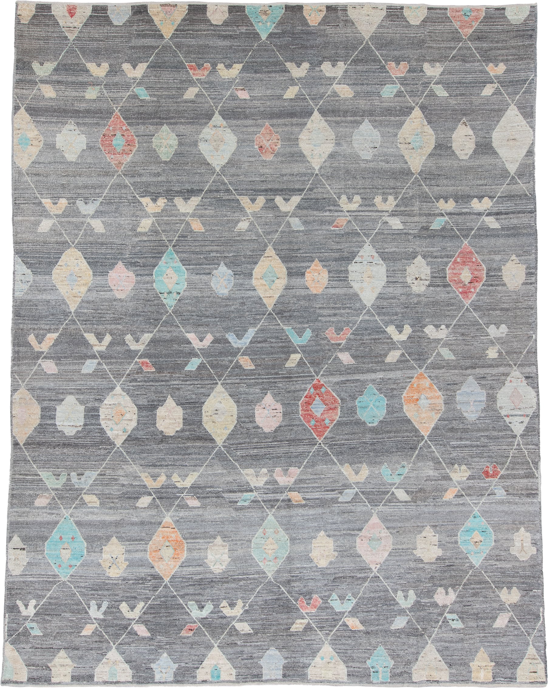 10' x 14' one-of-a-kind handmade vintage Tulu large size rug. Color palette: gray, ivory, aqua, coral, pale gold, blush