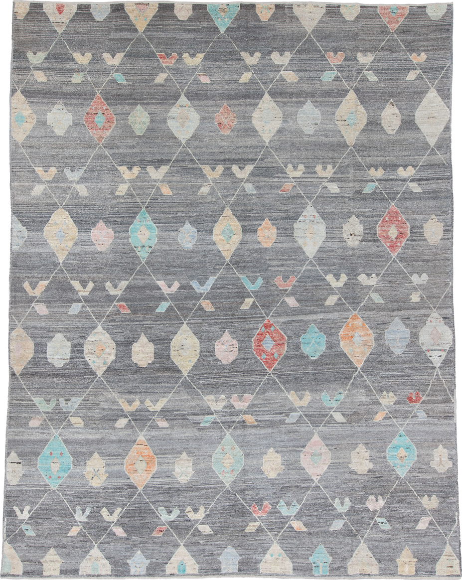 10' x 14' one-of-a-kind handmade vintage Tulu large size rug. Color palette: gray, ivory, aqua, coral, pale gold, blush