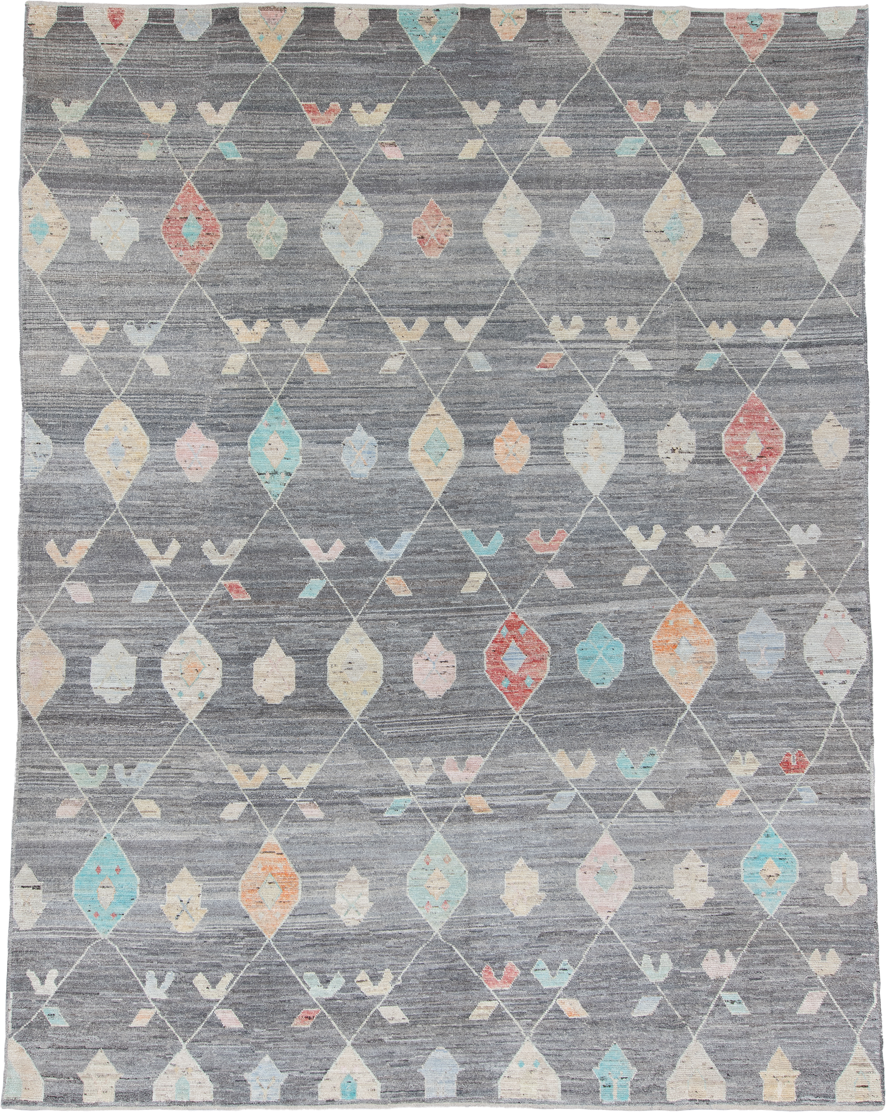 10' x 14' one-of-a-kind handmade vintage Tulu large size rug. Color palette: gray, ivory, aqua, coral, pale gold, blush