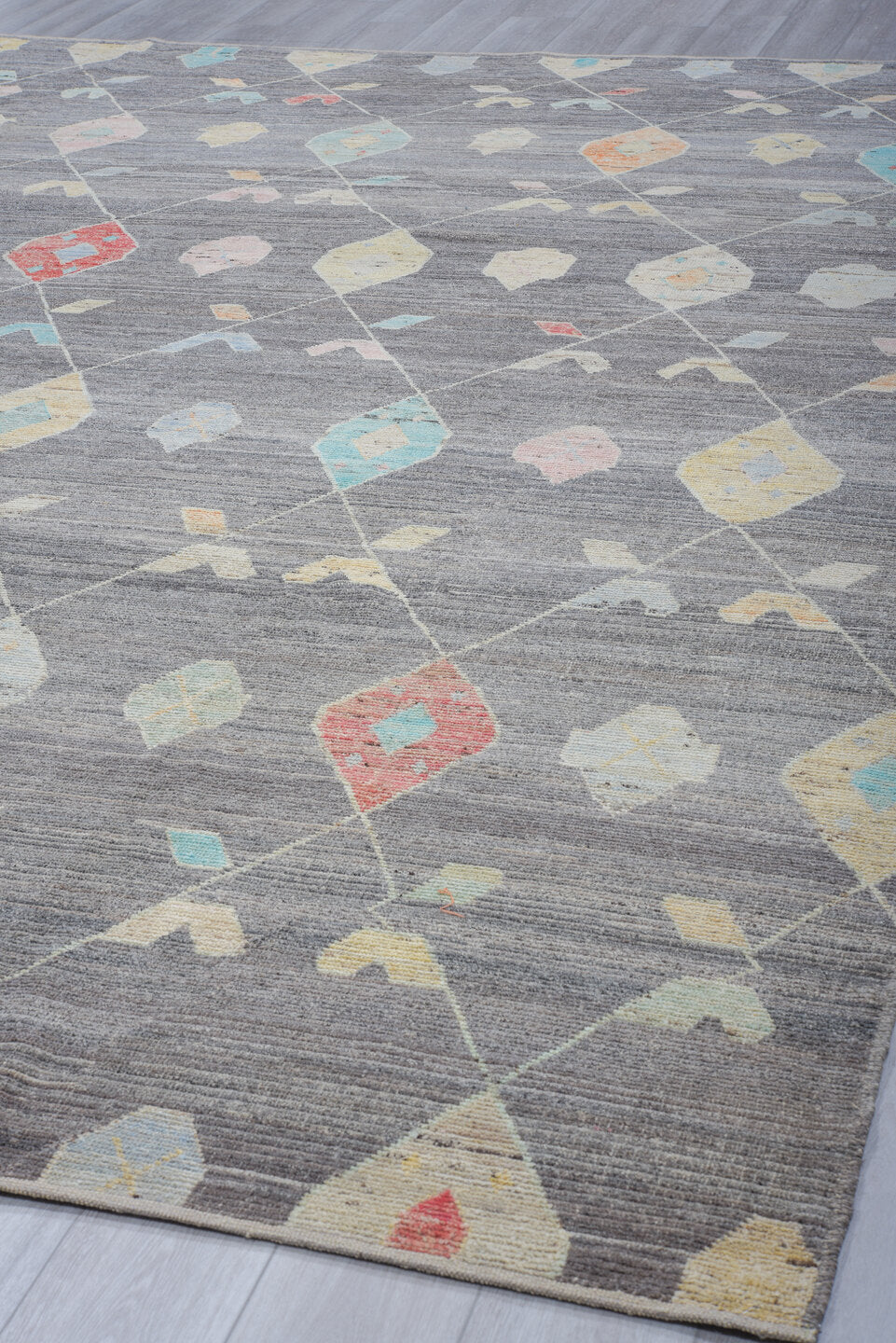 10' x 14' one-of-a-kind handmade vintage Tulu large size rug. Color palette: gray, ivory, aqua, coral, pale gold, blush