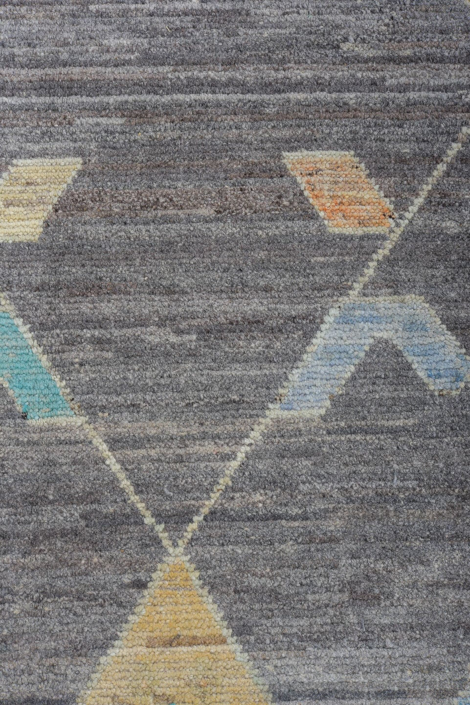10' x 14' one-of-a-kind handmade vintage Tulu large size rug. Color palette: gray, ivory, aqua, coral, pale gold, blush