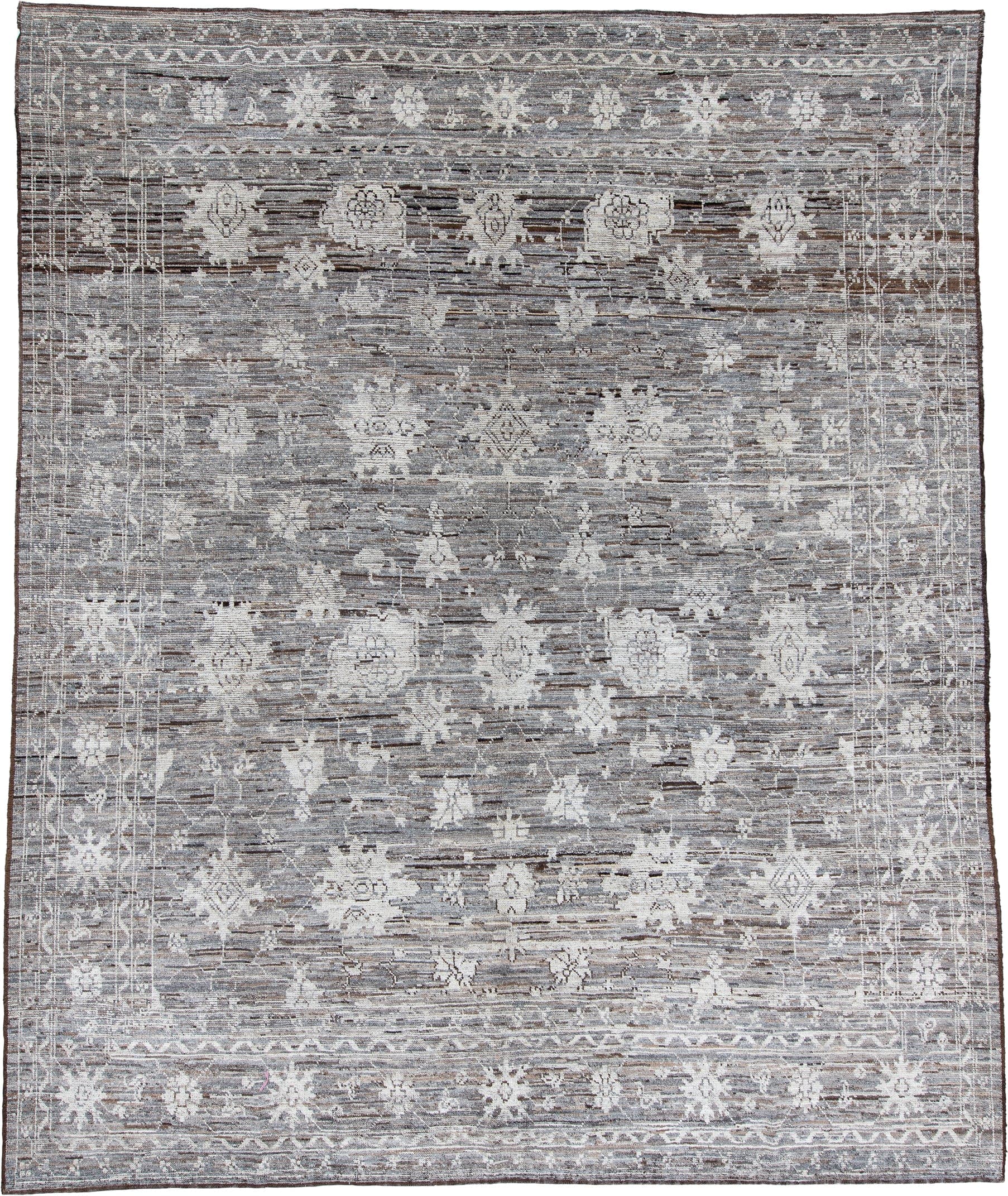 10' x 13' one-of-a-kind handmade vintage Tulu large size rug. Color palette: gray, ivory, taupe, charcoal, brown, beige