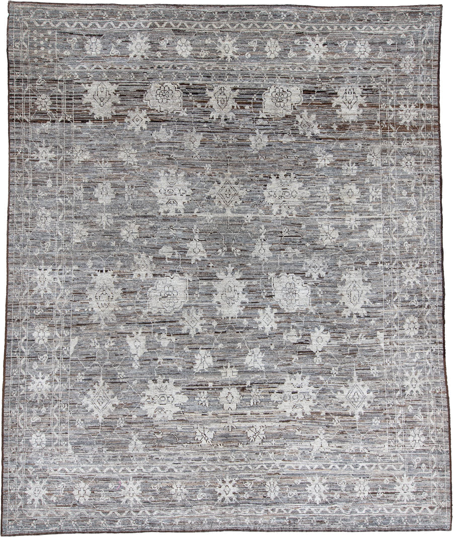 10' x 13' one-of-a-kind handmade vintage Tulu large size rug. Color palette: gray, ivory, taupe, charcoal, brown, beige