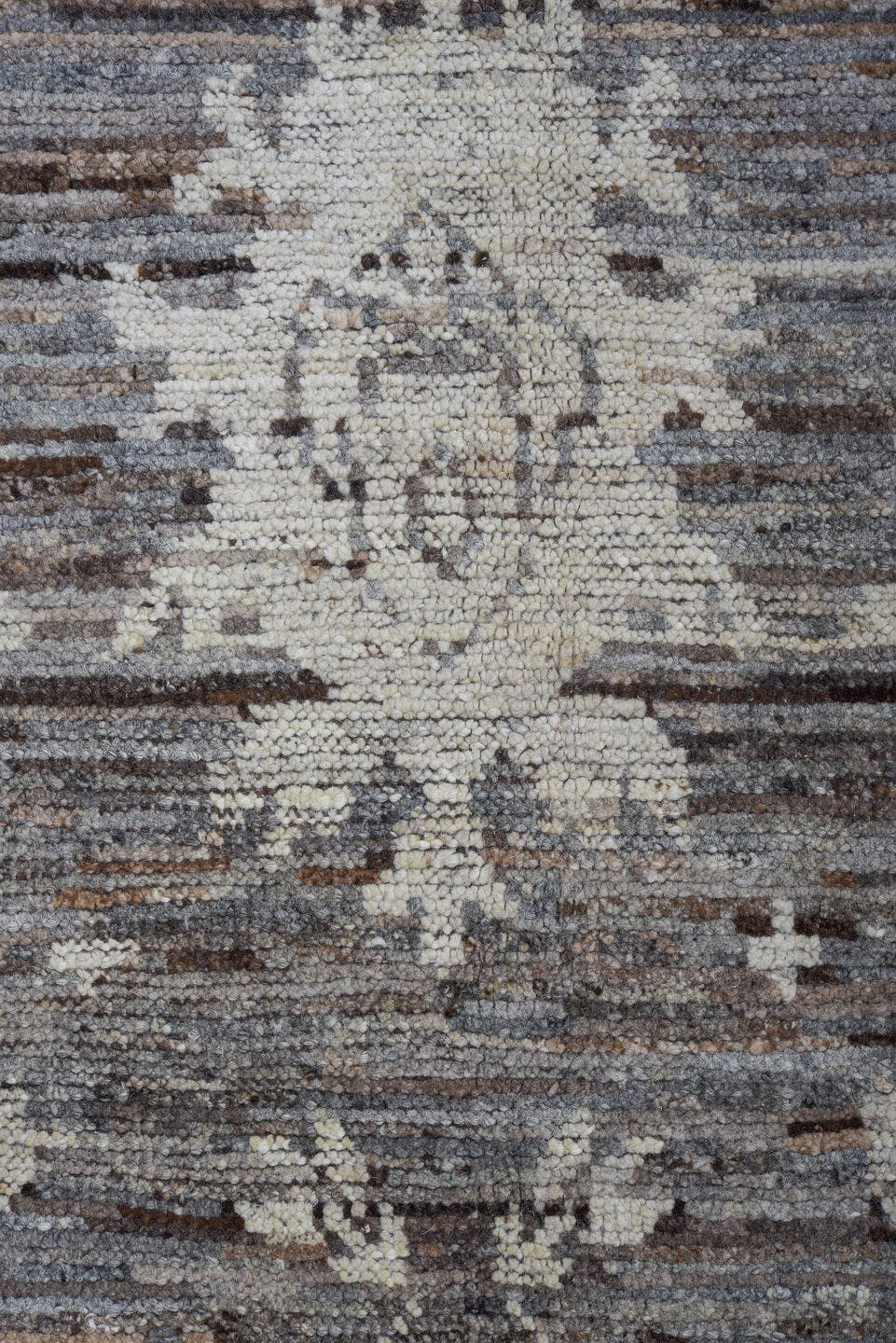 10' x 13' one-of-a-kind handmade vintage Tulu large size rug. Color palette: gray, ivory, taupe, charcoal, brown, beige