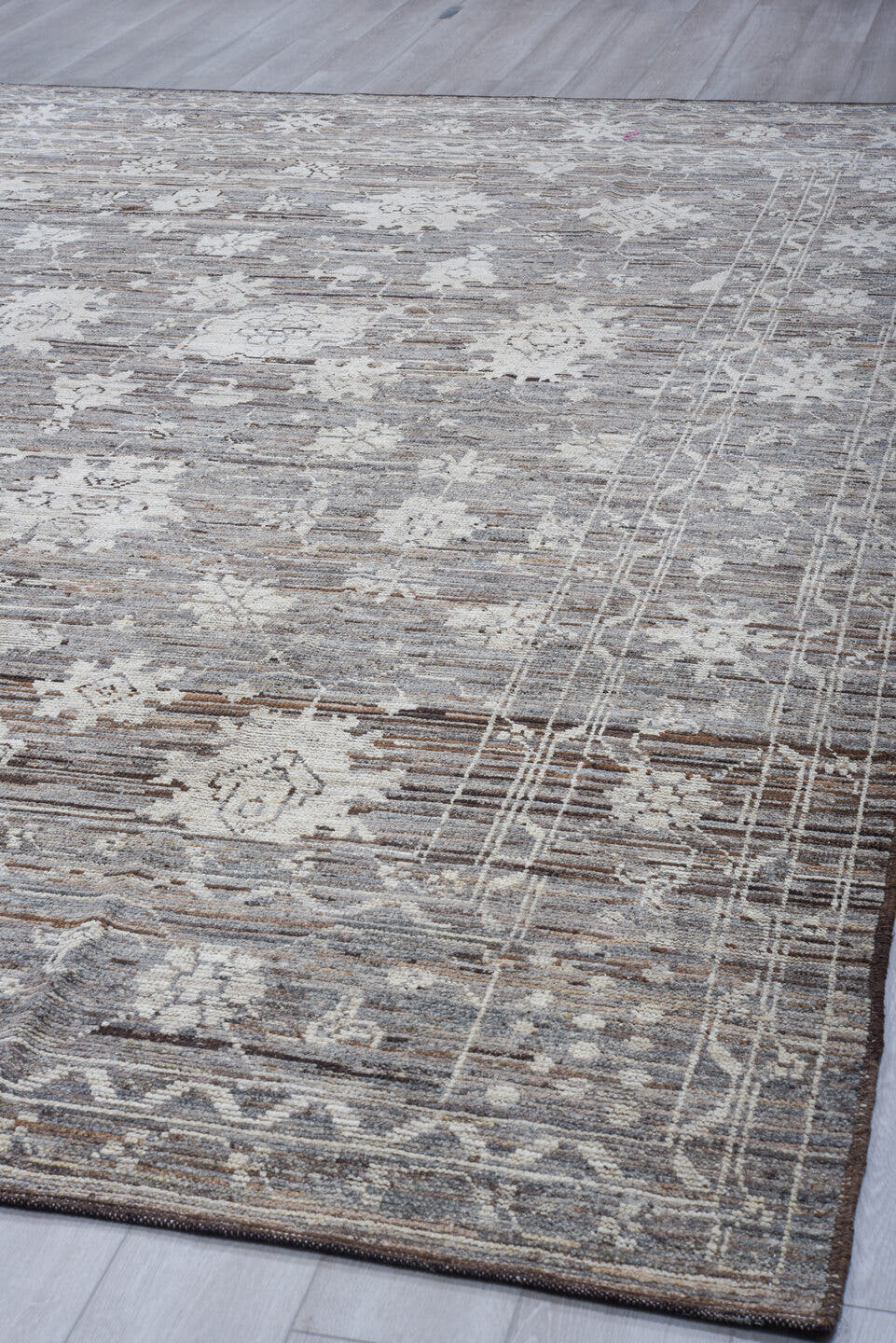 10' x 13' one-of-a-kind handmade vintage Tulu large size rug. Color palette: gray, ivory, taupe, charcoal, brown, beige