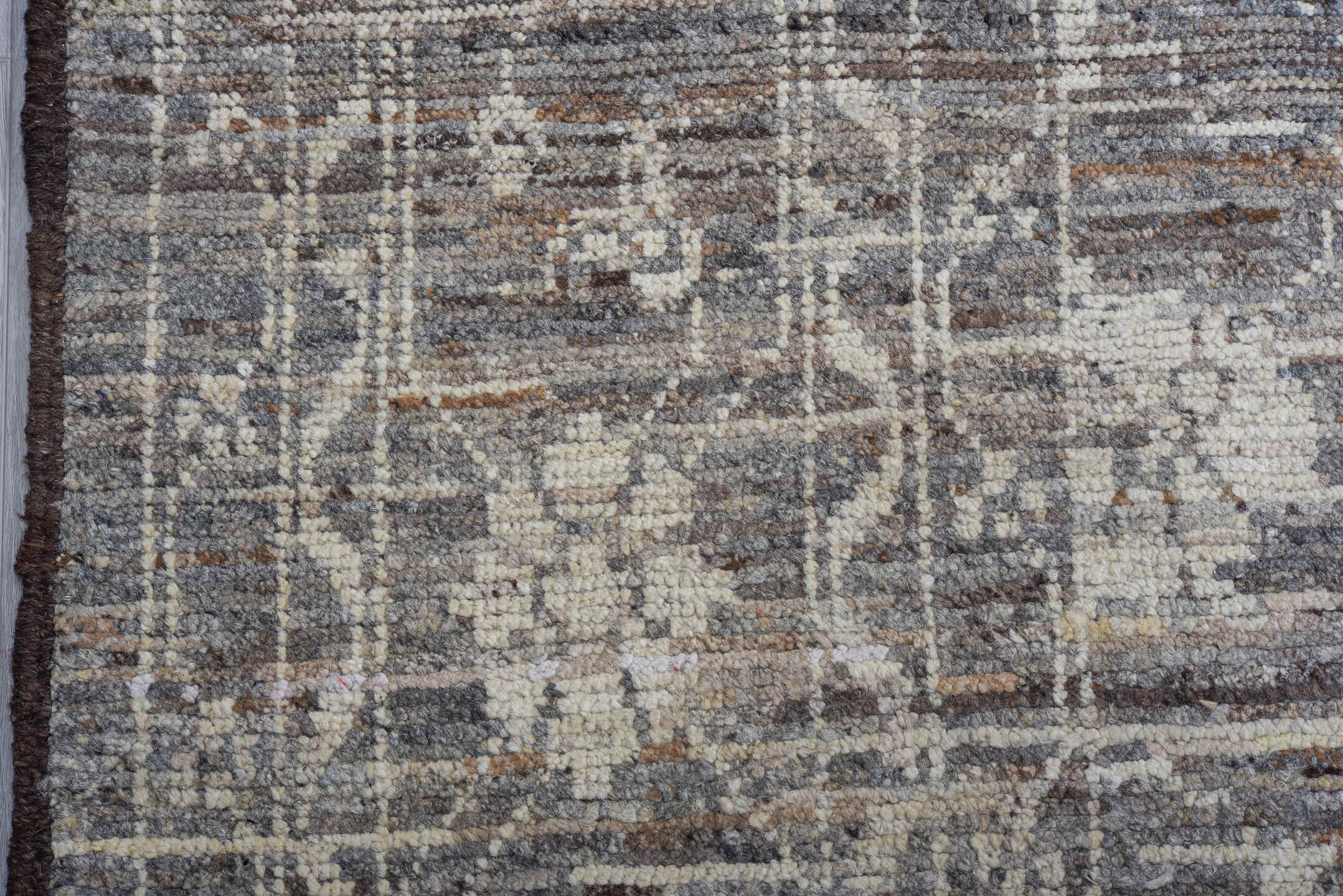 10' x 13' one-of-a-kind handmade vintage Tulu large size rug. Color palette: gray, ivory, taupe, charcoal, brown, beige