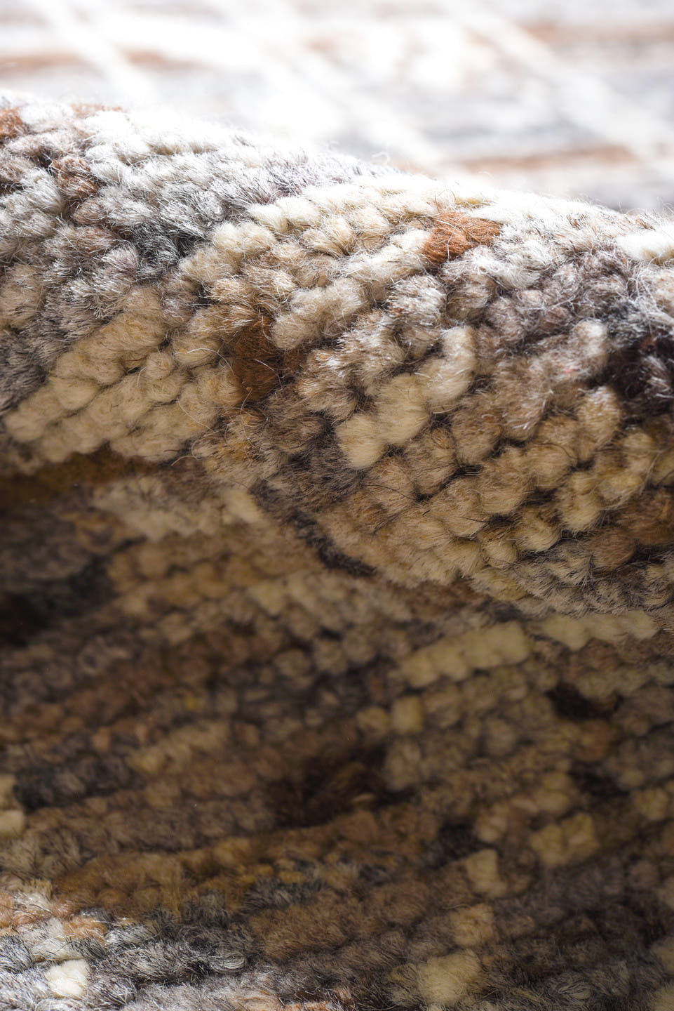 10' x 13' one-of-a-kind handmade vintage Tulu large size rug. Color palette: gray, ivory, taupe, charcoal, brown, beige